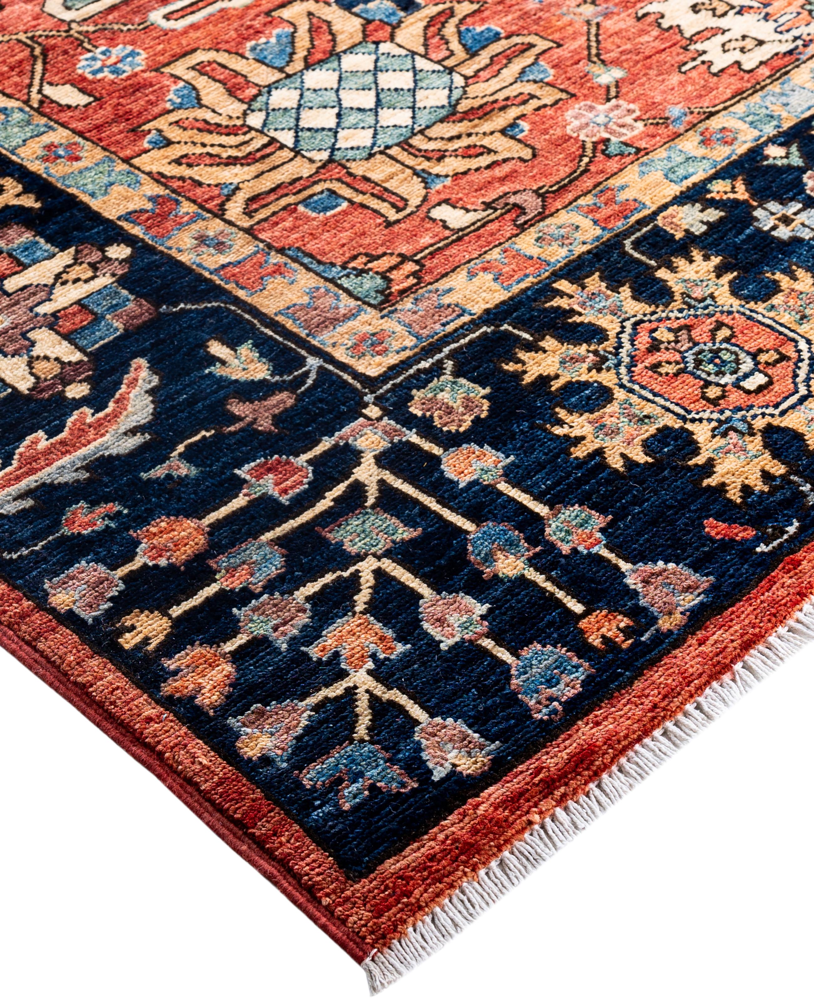 Serapi rugs are known for their bold, geometric designs and rich colors, often featuring a central medallion surrounded by intricate patterns. They typically use a warm, earthy color palette with deep reds, blues, ivory, and occasional greens. The