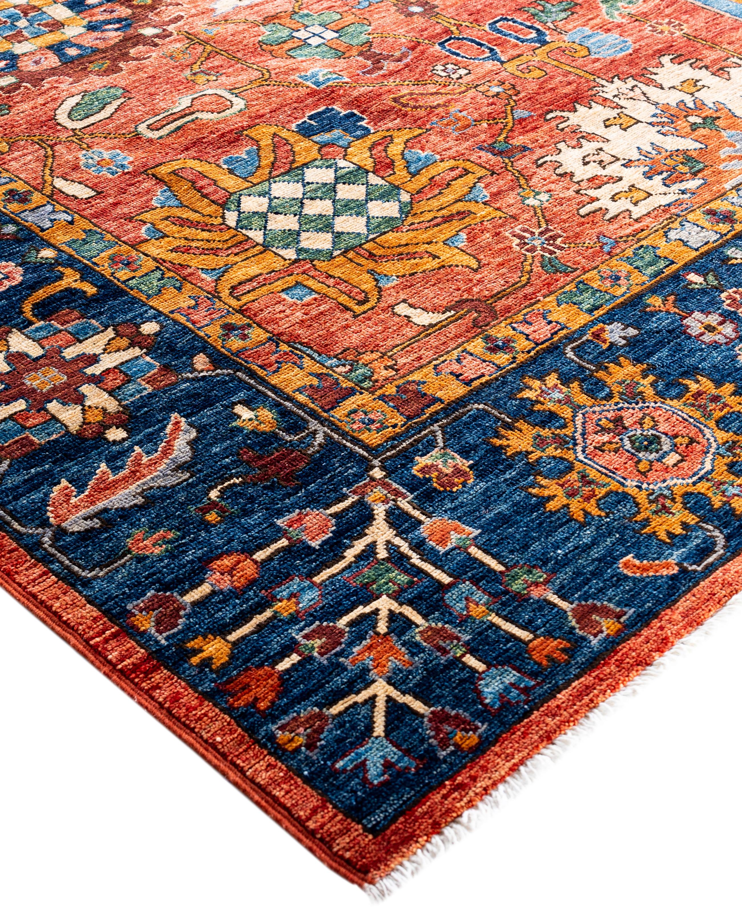 Serapi rugs are known for their bold, geometric designs and rich colors, often featuring a central medallion surrounded by intricate patterns. They typically use a warm, earthy color palette with deep reds, blues, ivory, and occasional greens. The