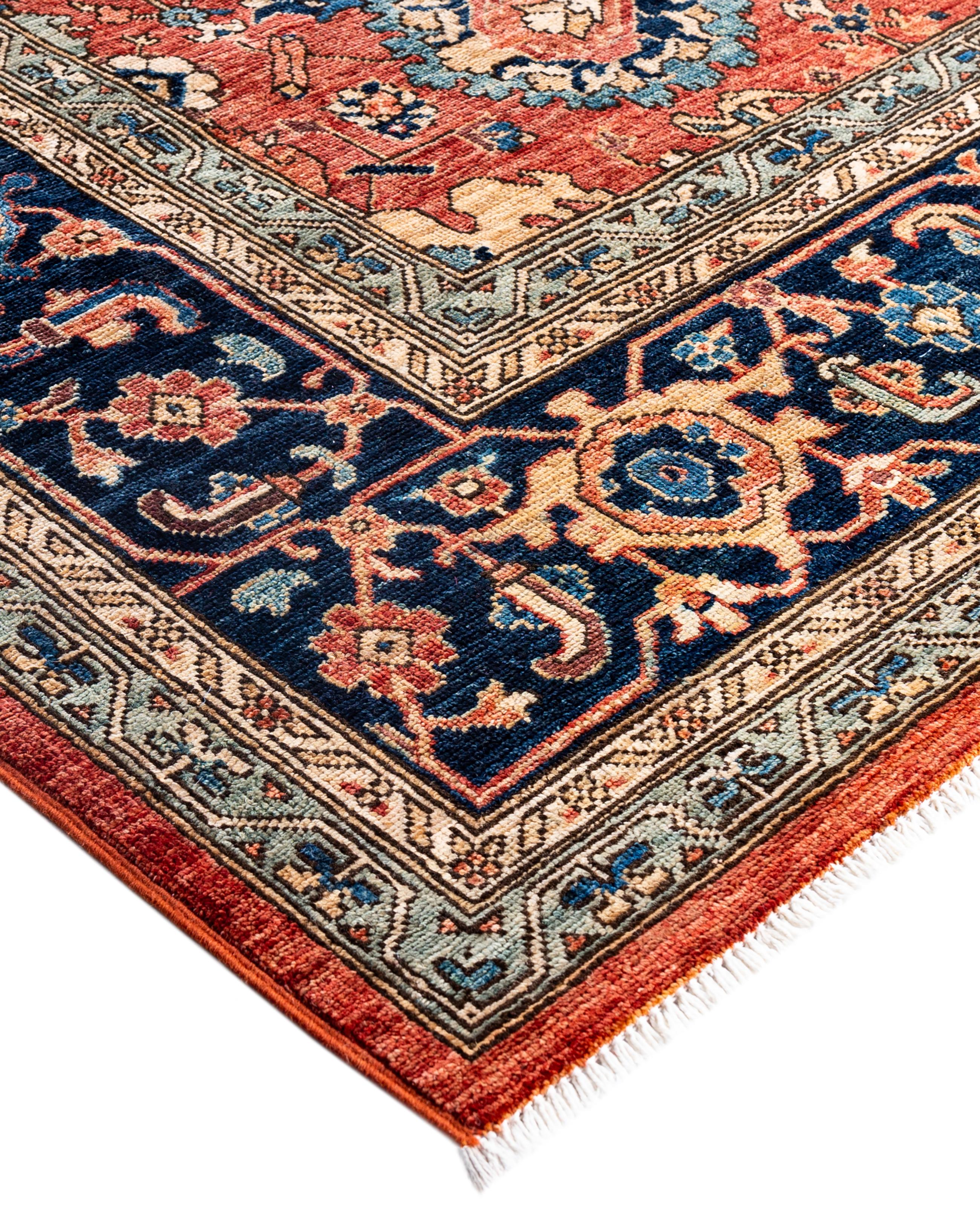 Serapi rugs are known for their bold, geometric designs and rich colors, often featuring a central medallion surrounded by intricate patterns. They typically use a warm, earthy color palette with deep reds, blues, ivory, and occasional greens. The
