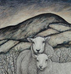 Seren Bell, Welsh Artist, Mixed Media on Paper, Ewe and Lamb, Radnor Hills
