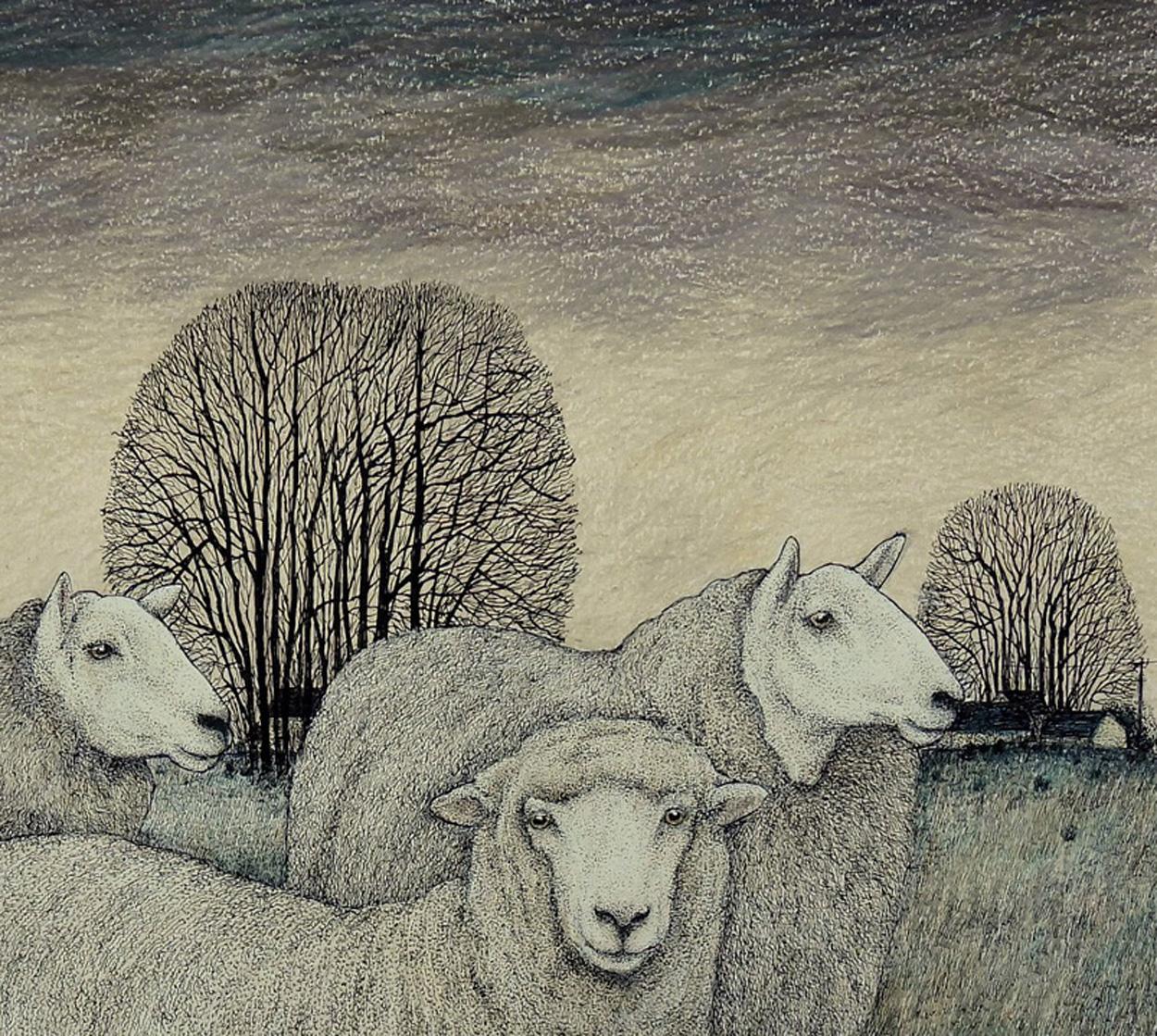 Britannique Seren Bell, artiste gallois, technique mixte sur papier, Flock By The Tree Clumps en vente