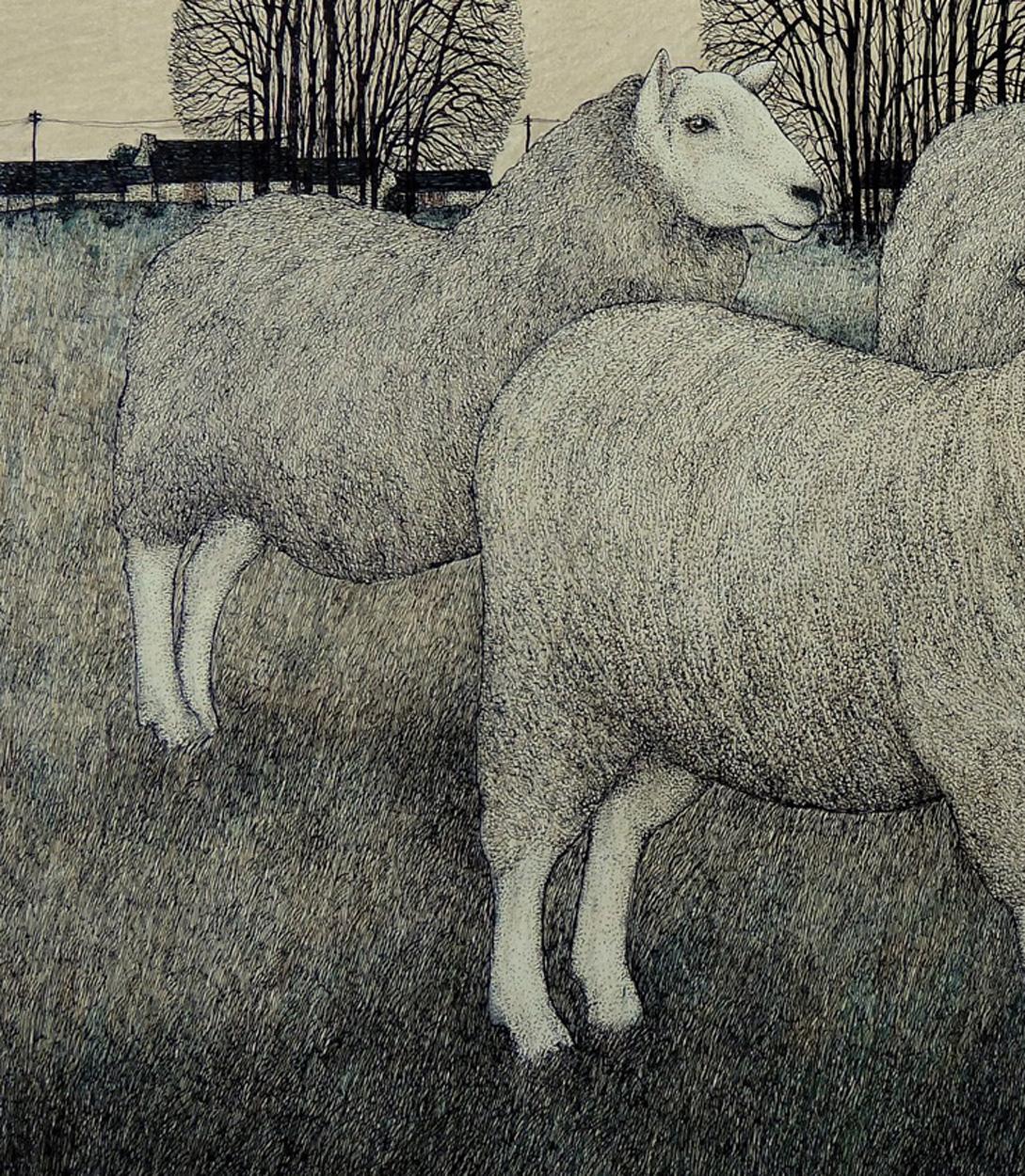 Peint Seren Bell, artiste gallois, technique mixte sur papier, Flock By The Tree Clumps en vente