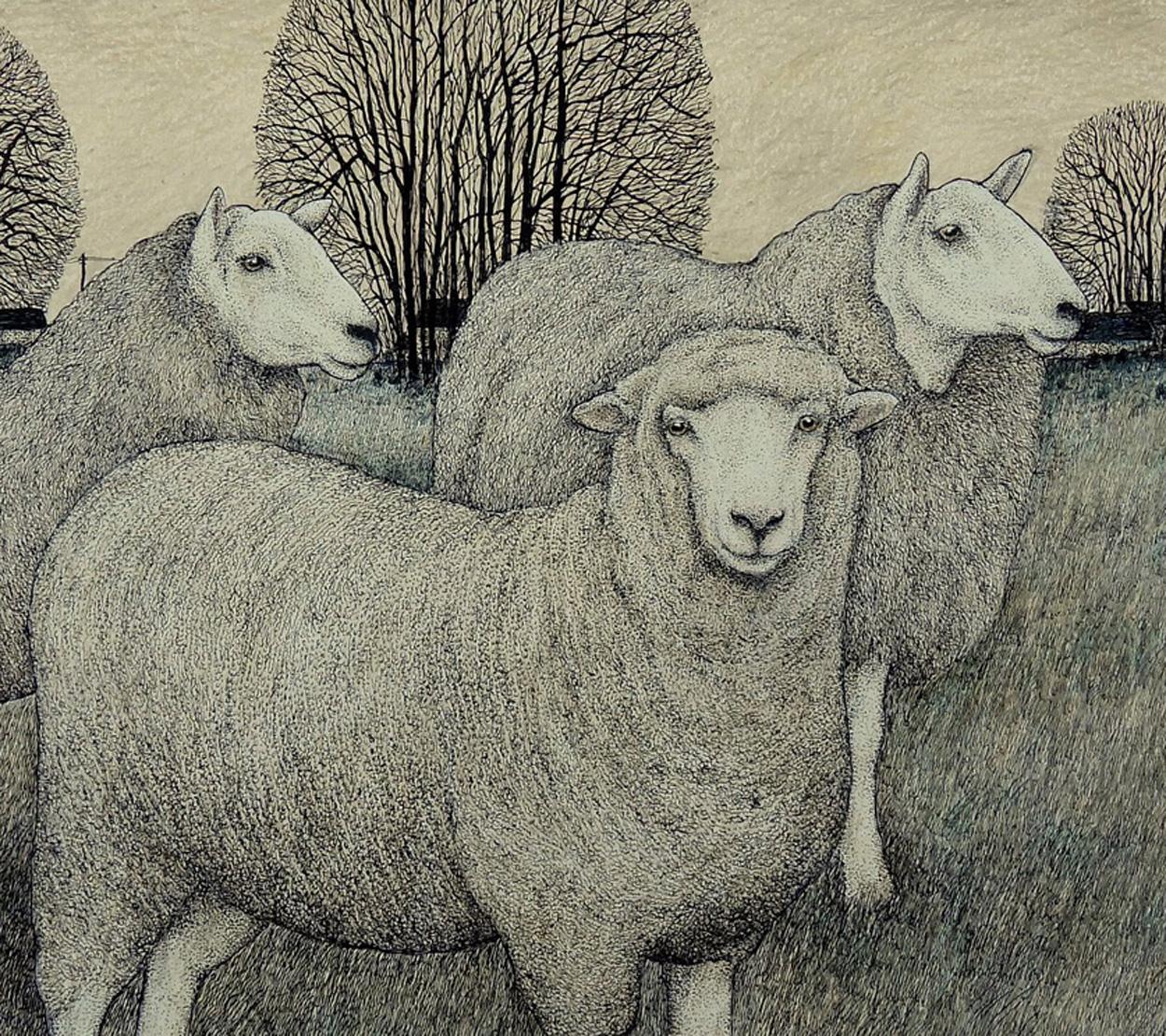 British Seren Bell, 'Welsh', Mixed Media on Paper, Flock by the Tree Clumps For Sale