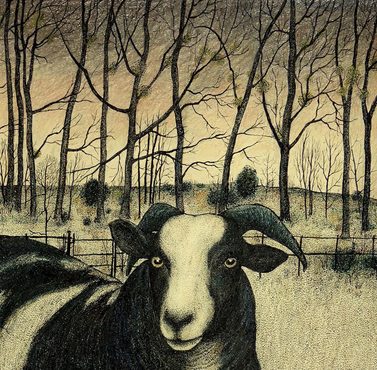 Britannique Seren Bell, artiste gallois, techniques mixtes sur papier, moutons Jacob en vente