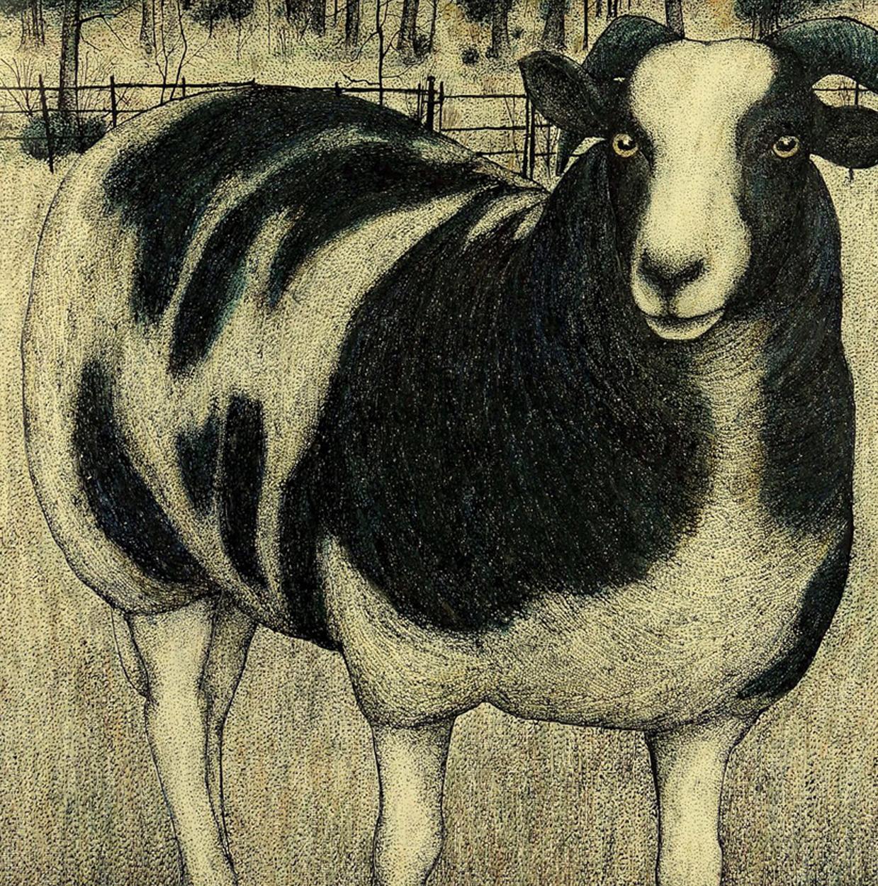 Peint Seren Bell, artiste gallois, techniques mixtes sur papier, moutons Jacob en vente