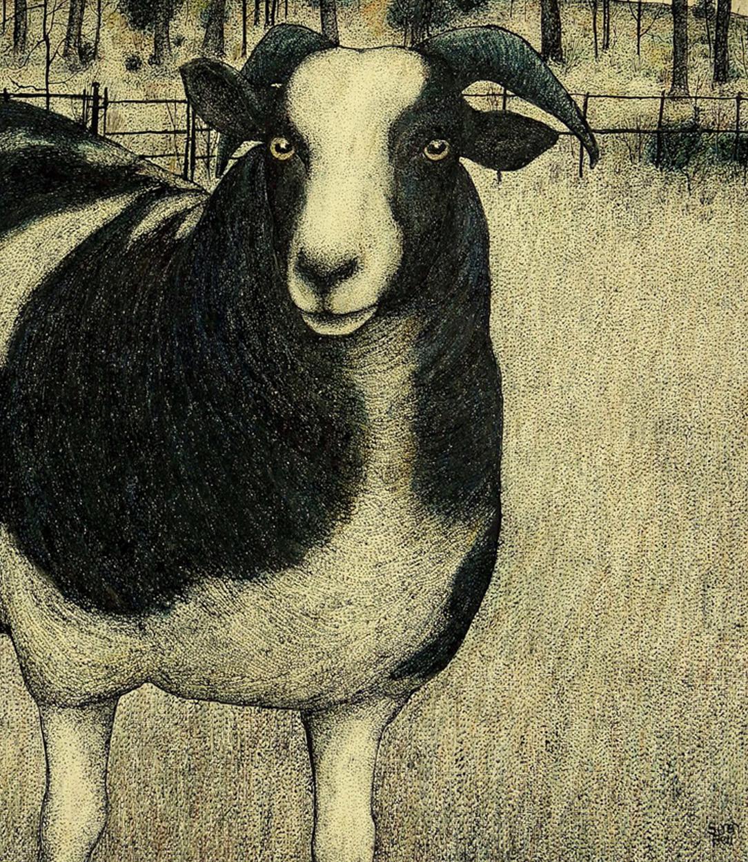 Seren Bell, artiste gallois, techniques mixtes sur papier, moutons Jacob Neuf - En vente à Melbourne, Victoria