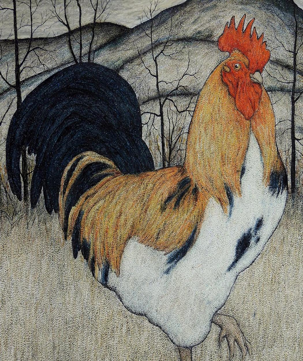 British Seren Bell, 'Welsh', Mixed Media on Artists Paper, Roving Rooster For Sale