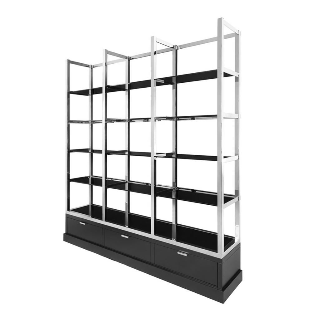 Bookcase Serena chrome with steel structure in
chrome finish, with shelves in smoke glass. Base
in solid wood in black finish with 3 drawers
with easy glide system.