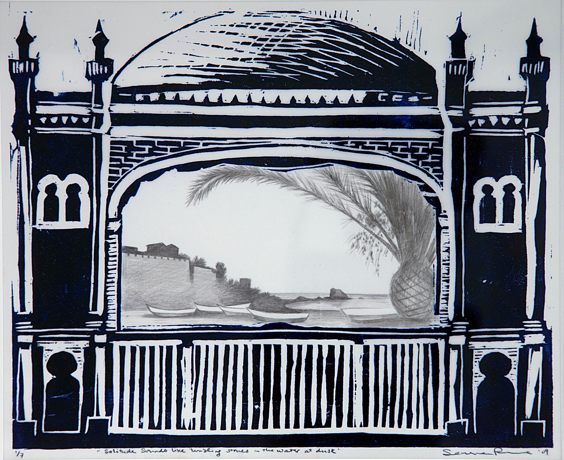 Fictive Homelands is a suite of 7 woodcut prints with silverpoint drawing on mylar by artist Serena Perrone. 

Fictive Homelands is a series of works that use the theater proscenium as a framework for the scenes that occupy the space within.  Each