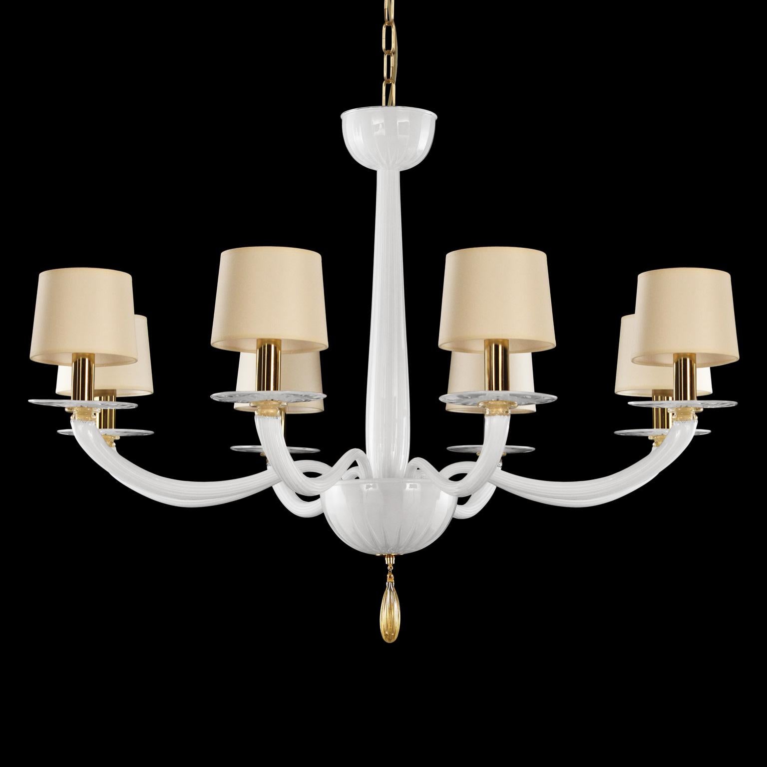 Serenade chandelier 8 lights white Murano glass, golden details ivory cotton lampshades by Multiforme
Serenade collection is inspired by a contemporary and international design, simple but not banal, and consists of elements studied in minute