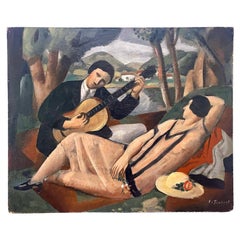 "Serenade in the Park", Art Deco Painting with Fashionable Couple, 1923