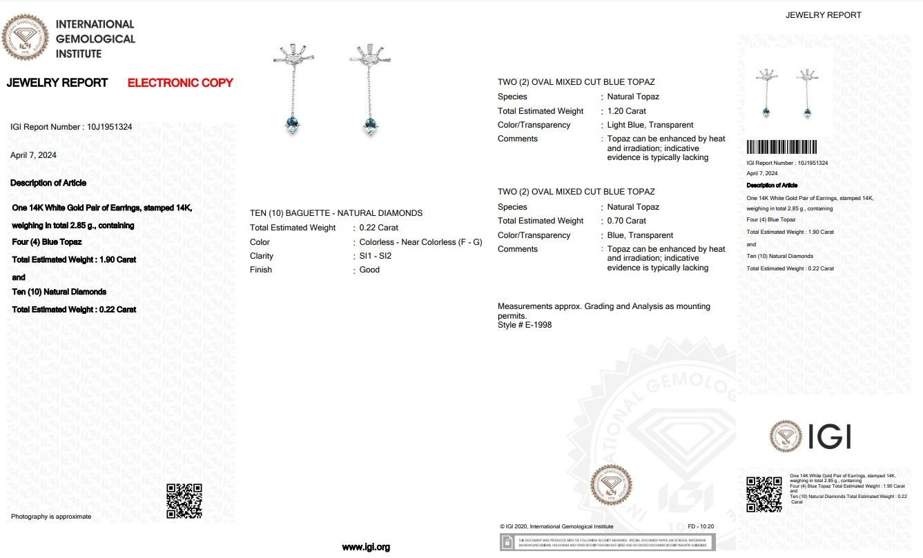 Serene 14k White Gold Blue Topaz and Diamond Dangling Earrings w/2.12 ct - IGI  In New Condition For Sale In רמת גן, IL