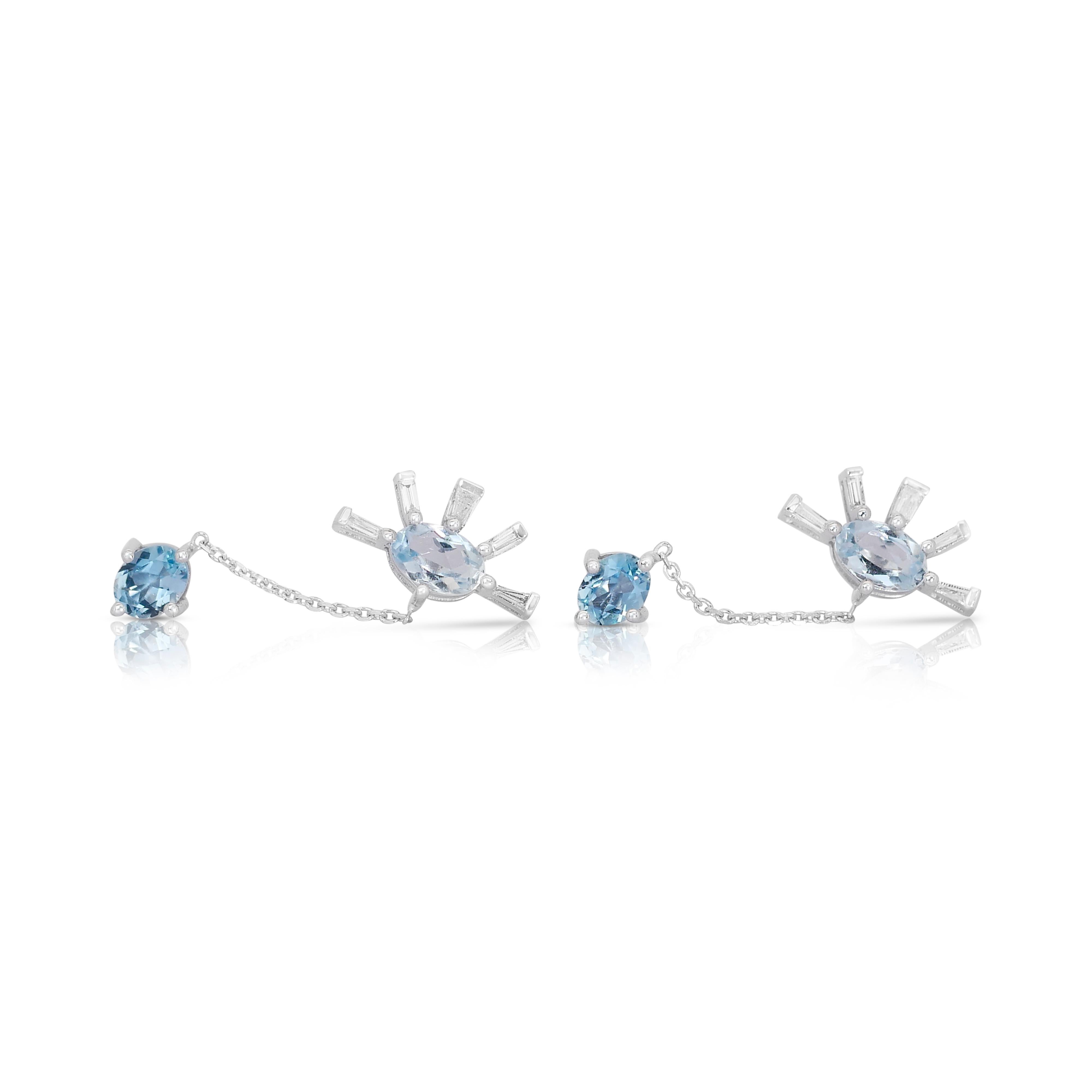 Women's Serene 14k White Gold Blue Topaz and Diamond Dangling Earrings w/2.12 ct - IGI  For Sale