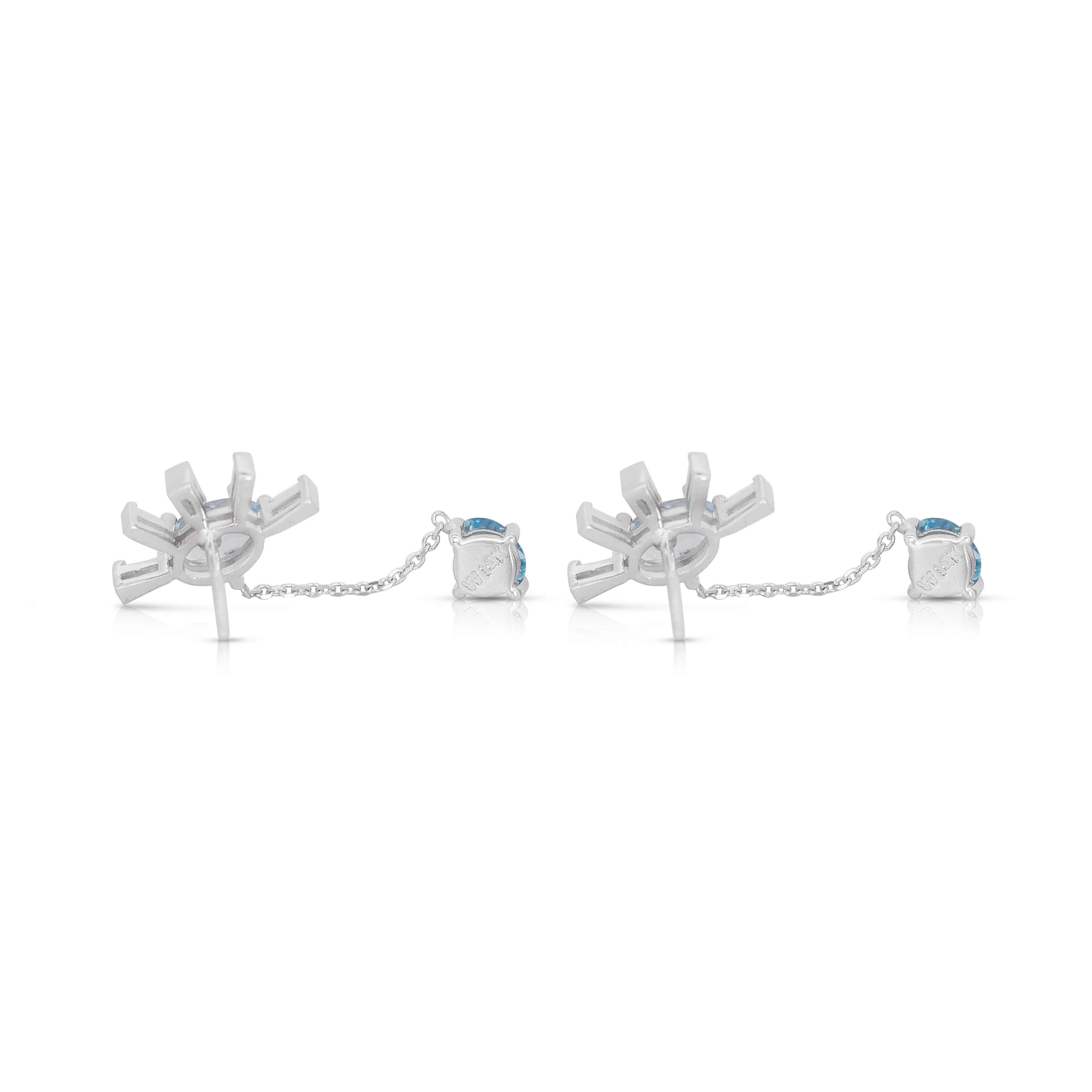 Serene 14k White Gold Blue Topaz and Diamond Dangling Earrings w/2.12 ct - IGI  For Sale 1
