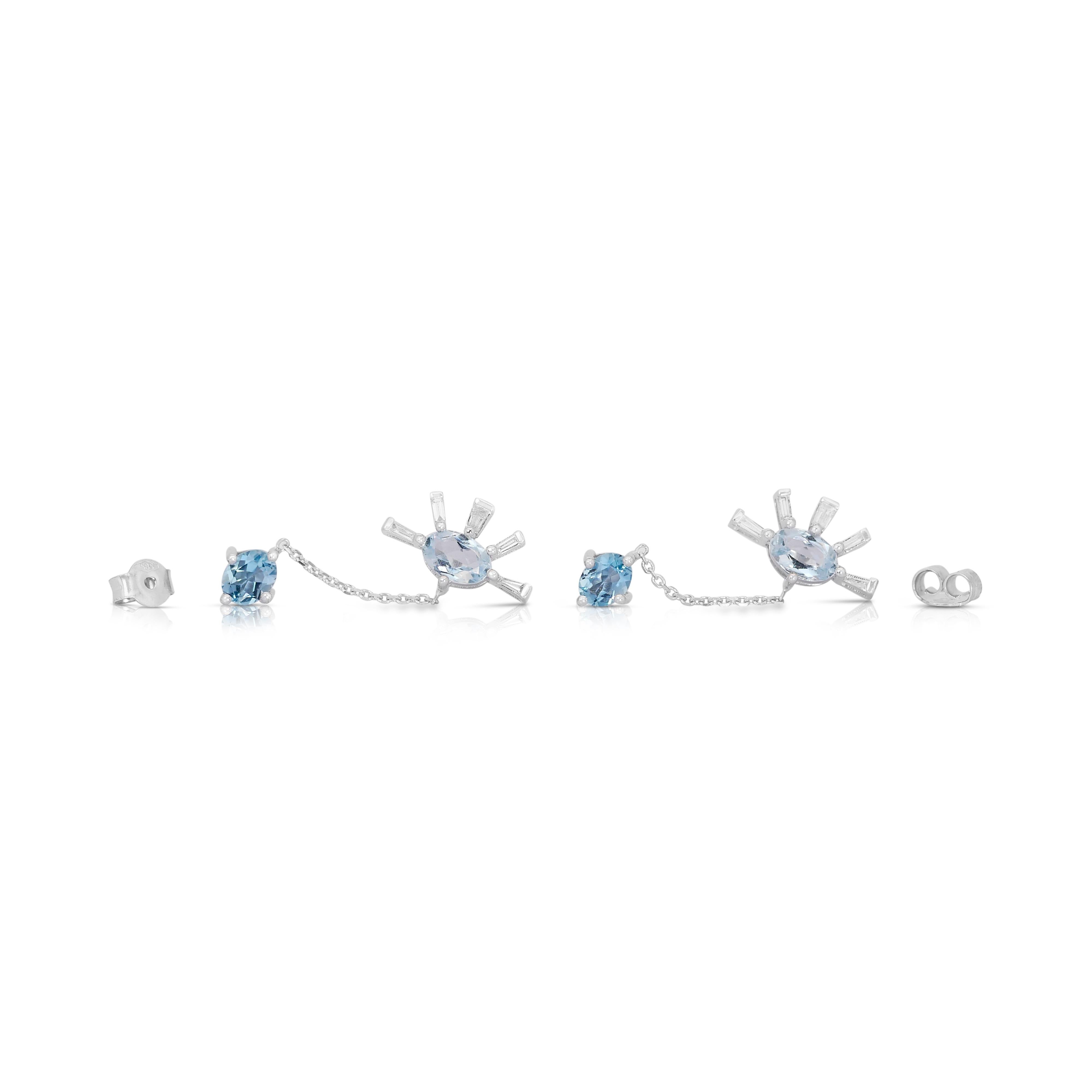 Serene 14k White Gold Blue Topaz and Diamond Dangling Earrings w/2.12 ct - IGI  For Sale 2