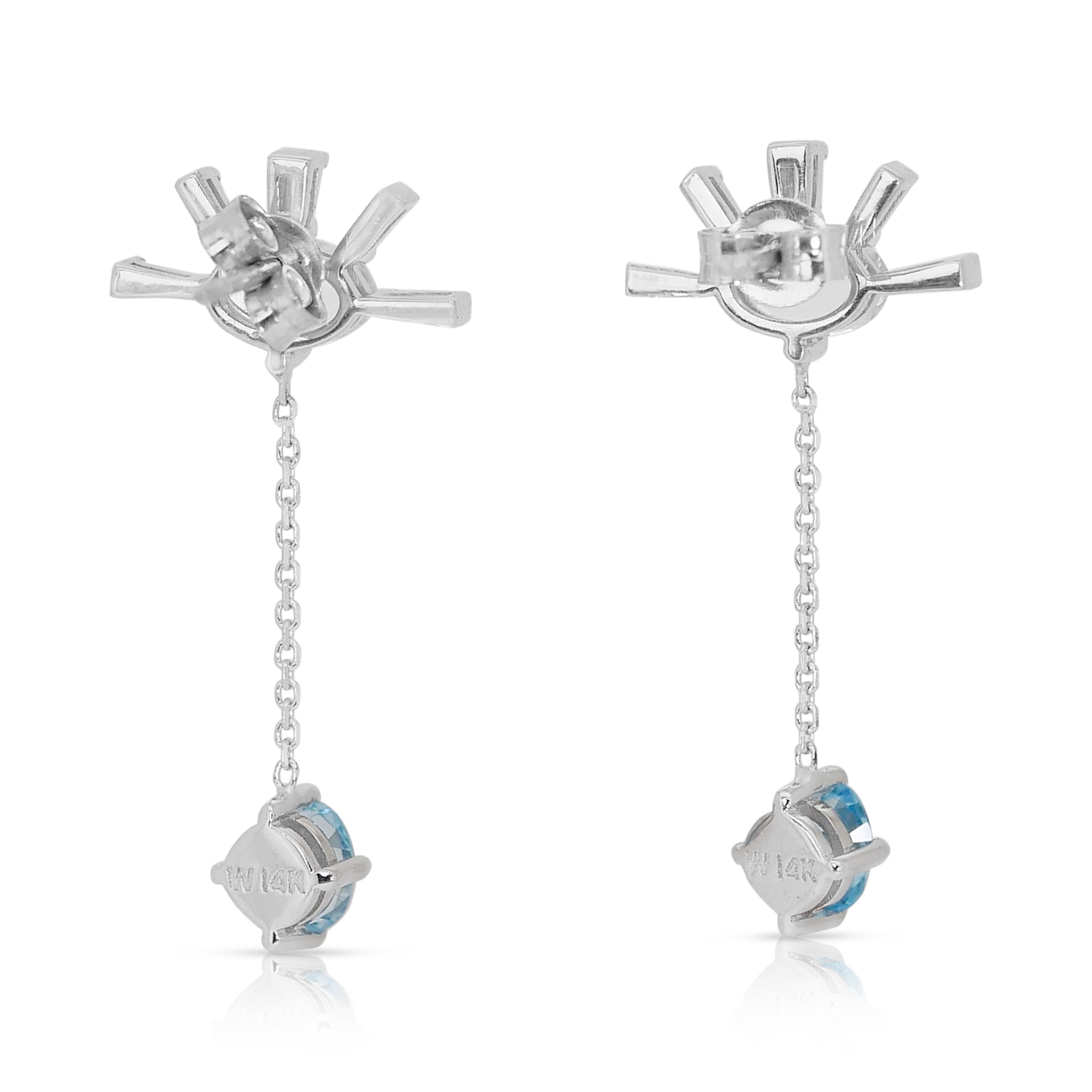 Serene 14k White Gold Blue Topaz and Diamond Dangling Earrings w/2.12 ct - IGI  For Sale 3