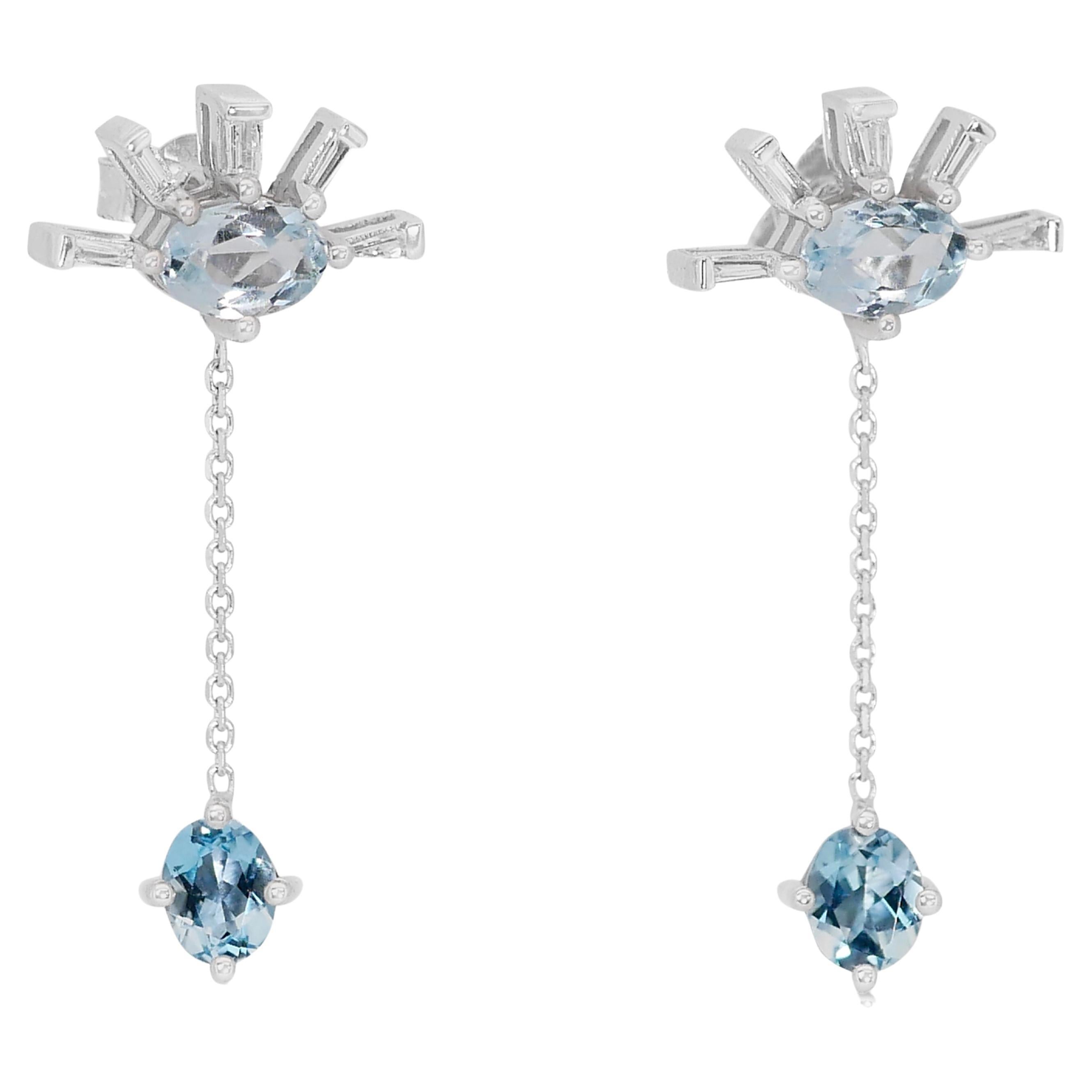 Serene 14k White Gold Blue Topaz and Diamond Dangling Earrings w/2.12 ct - IGI  For Sale