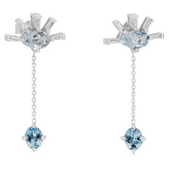 Serene 14k Weißgold Blauer Topas und Diamant baumelnde Ohrringe mit/2,12 Karat - IGI 