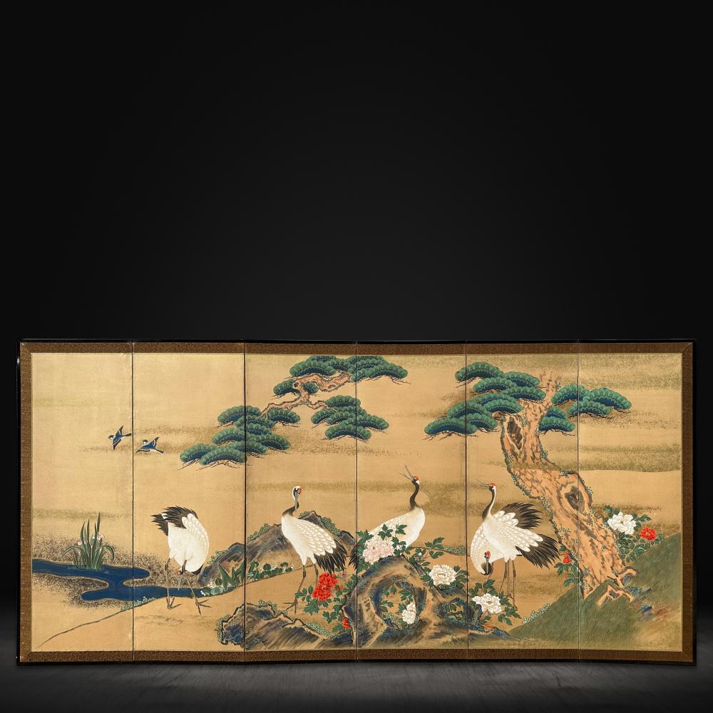 Serene Cranes: Meisterwerk des späten Edo-Stils im Angebot 11