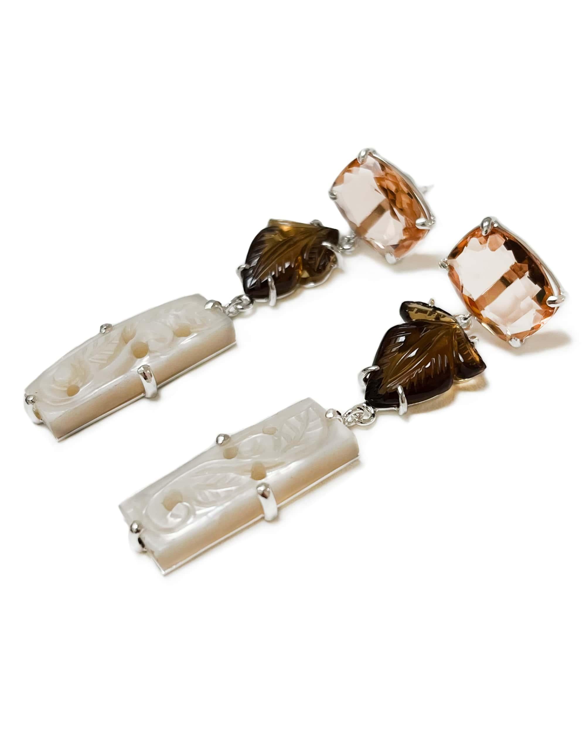 Contemporary Serene Earrings in Morganite Quartz, Cognac Quartz, Mother of Pearl, Silver For Sale