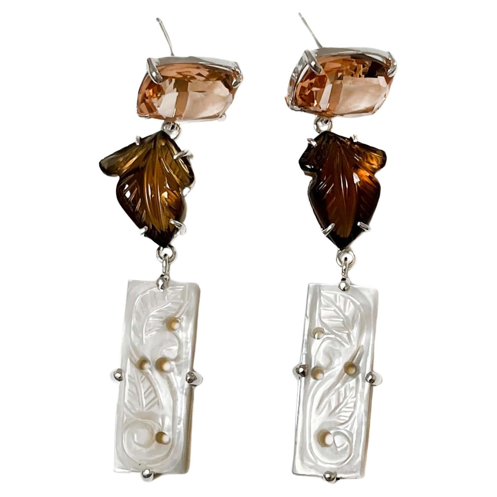 Serene Earrings in Morganite Quartz, Cognac Quartz, Mother of Pearl, Silver For Sale