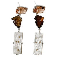 Serene Earrings in Morganite Quartz, Cognac Quartz, Mother of Pearl, Silver