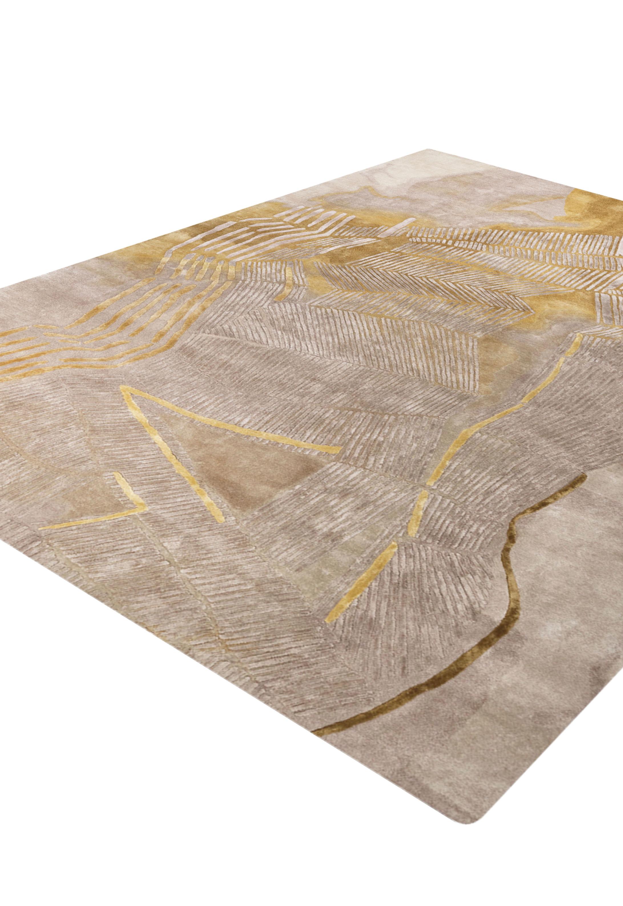 Hand-Crafted Serene Hand Tufted Modern Silk Rug in Grey Gold & Grey Blue Colours by Hands For Sale