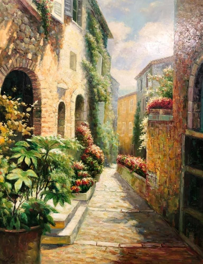 Serene Italian Village Large Oil Painting on Canvas by Collins In Good Condition For Sale In Newmanstown, PA
