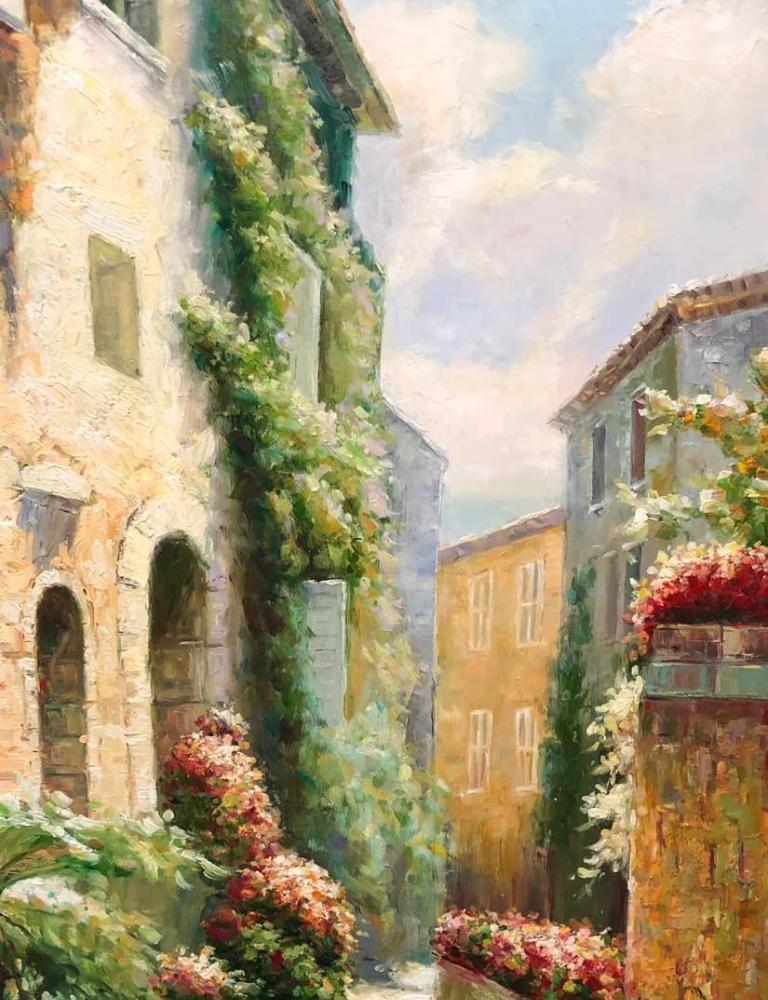 Serene Italian Village Large Oil Painting on Canvas by Collins For Sale 1