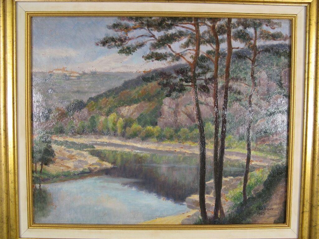 Paisaje sereno de E. Chabrier (1953) - Pintura al óleo sobre panel -1Y11 Francés
