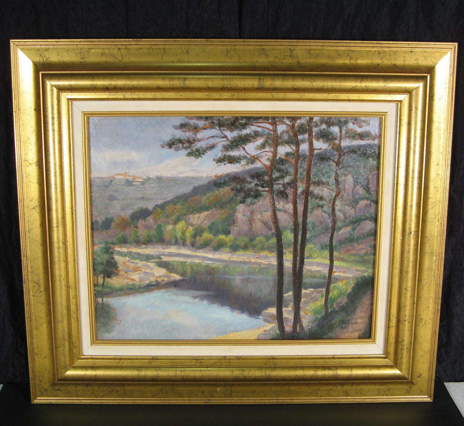 Paisaje sereno de E. Chabrier (1953) - Pintura al óleo sobre panel -1Y11 mediados del siglo XX
