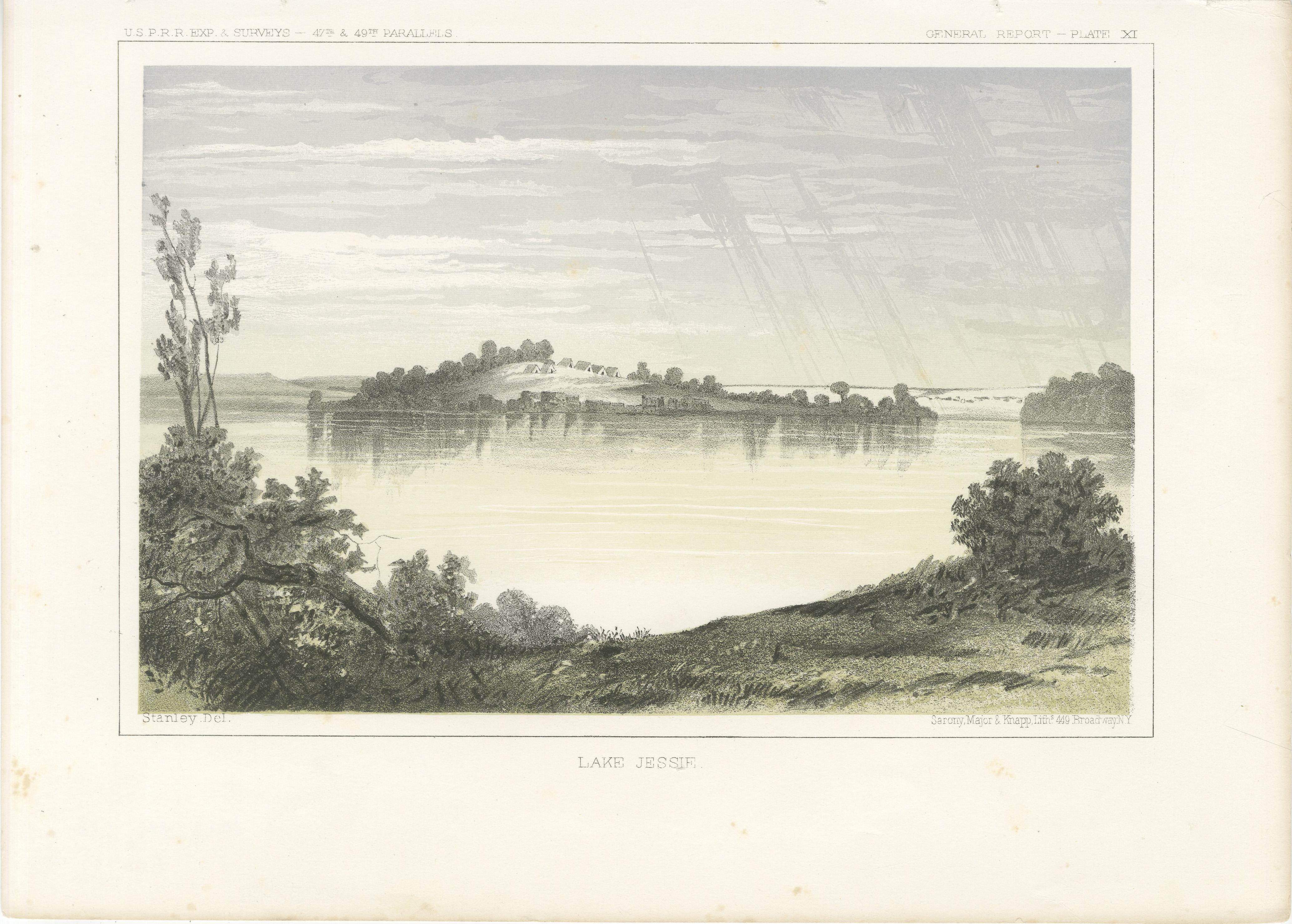 Titel: Gelassene Landschaft des Jessie-Sees mit idyllischen Spiegelungen - Lithographie aus dem 19.  

Beschreibung:  Diese atemberaubende Lithografie fängt die ruhige Schönheit des Jessie-Sees ein, ein ruhiges Gewässer, umgeben von üppigem Grün und
