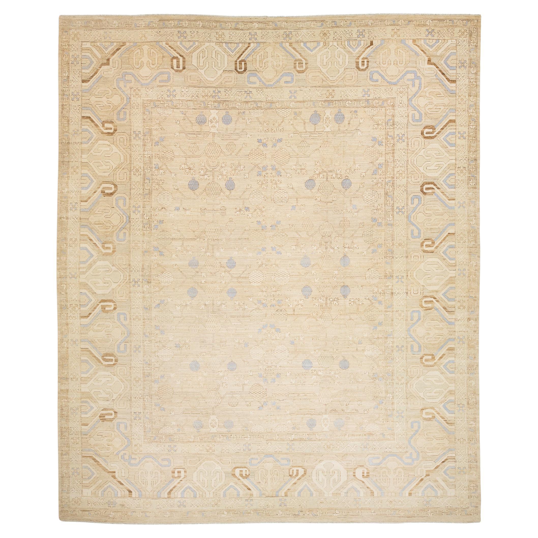 Serene Modern Khotan Style Rug – Pale Sand & Sky Blue Hand-Knotted Wool 17x21