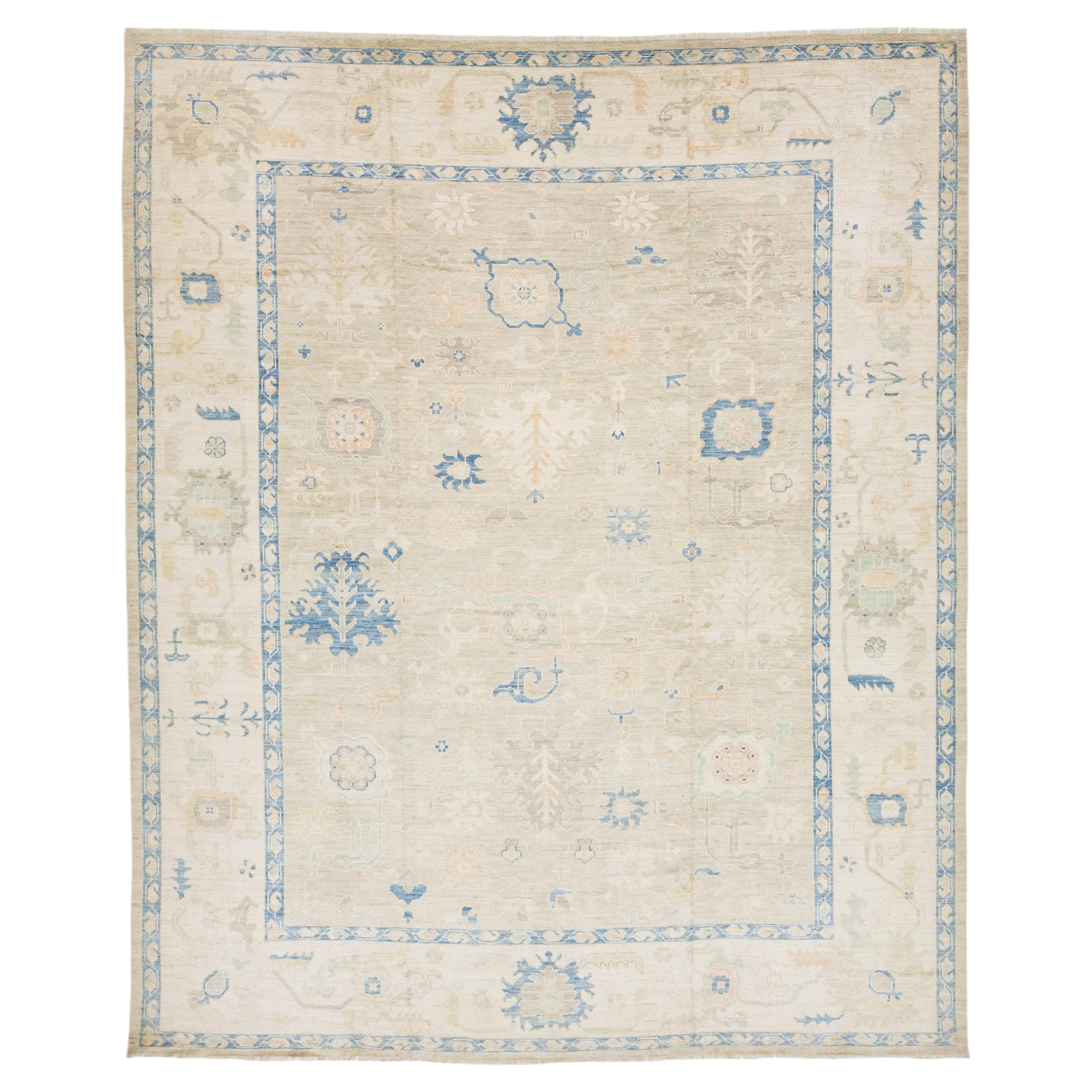 Serene Modern Oushak Style Hand-Knotted Wool Area Rug – Sky Blue & Champagne