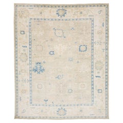 Serene Modern Oushak Style Handgeknüpfter Wollteppich - Himmelblau & Champagner