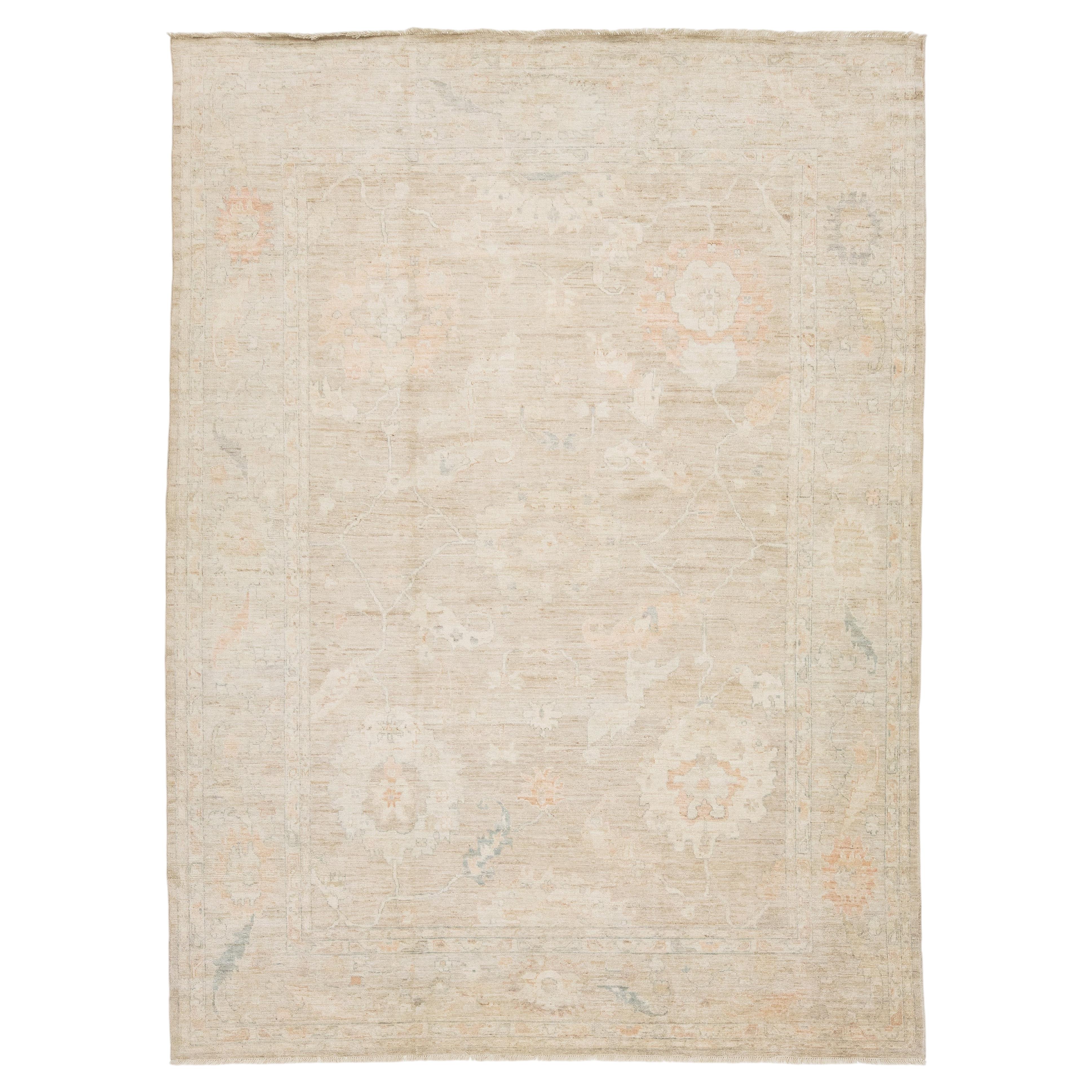 Serene Modern Oushak Style Hand-Knotted Wool Rug - Muted Sand and Blush 10x13 For Sale