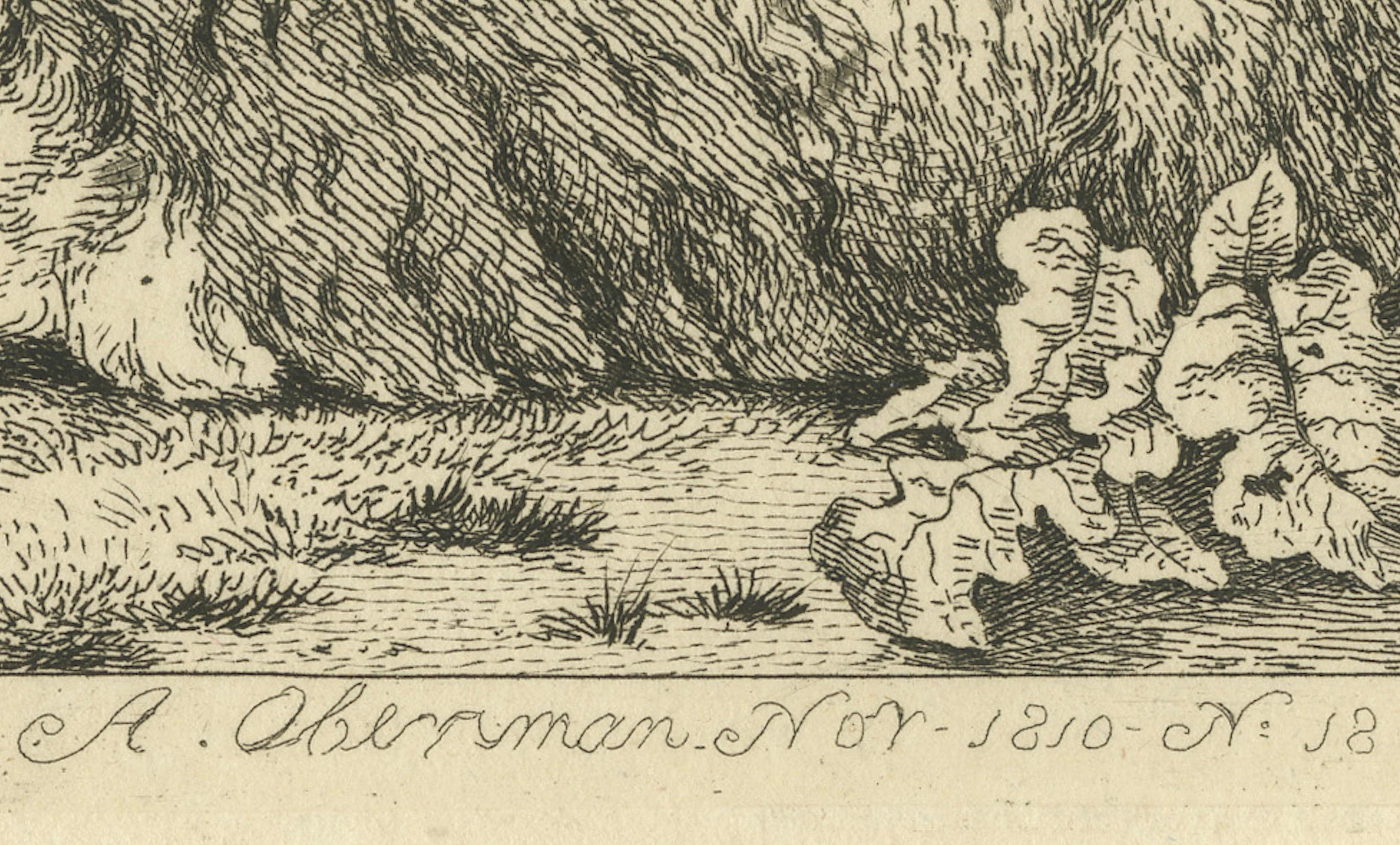 Serene Pastoral Scene with Two Resting Sheep: Etching by Anthony Oberman, 1810 In Good Condition For Sale In Langweer, NL