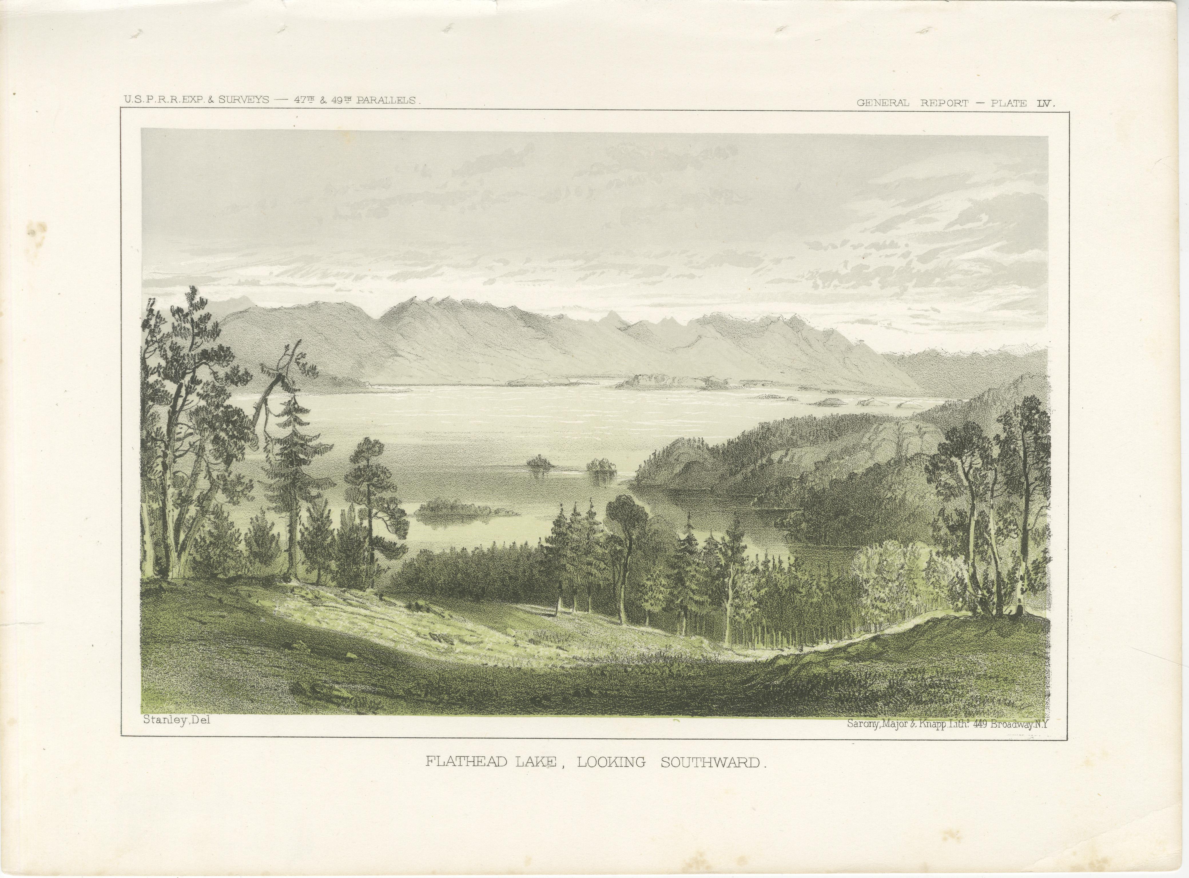 Vista serena del lago Flathead y las montañas circundantes - Litografía histórica de paisaje

El lago Flathead está en el noroeste del estado norteamericano de Montana. Es el mayor lago natural de agua dulce del oeste de Estados Unidos, situado al