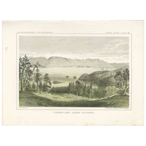 Serene View of Flathead Lake and Surrounding Mountains in Montana, Litho of 1856