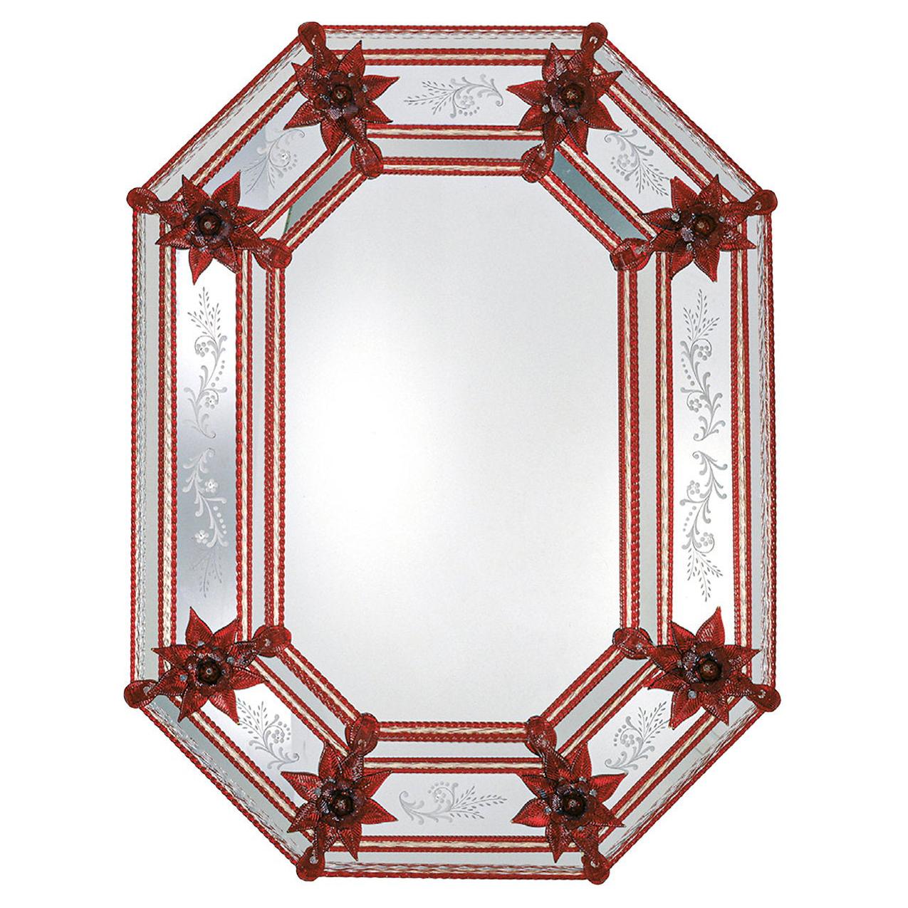 Miroir en verre de Murano à fleurs rouges Serenella
