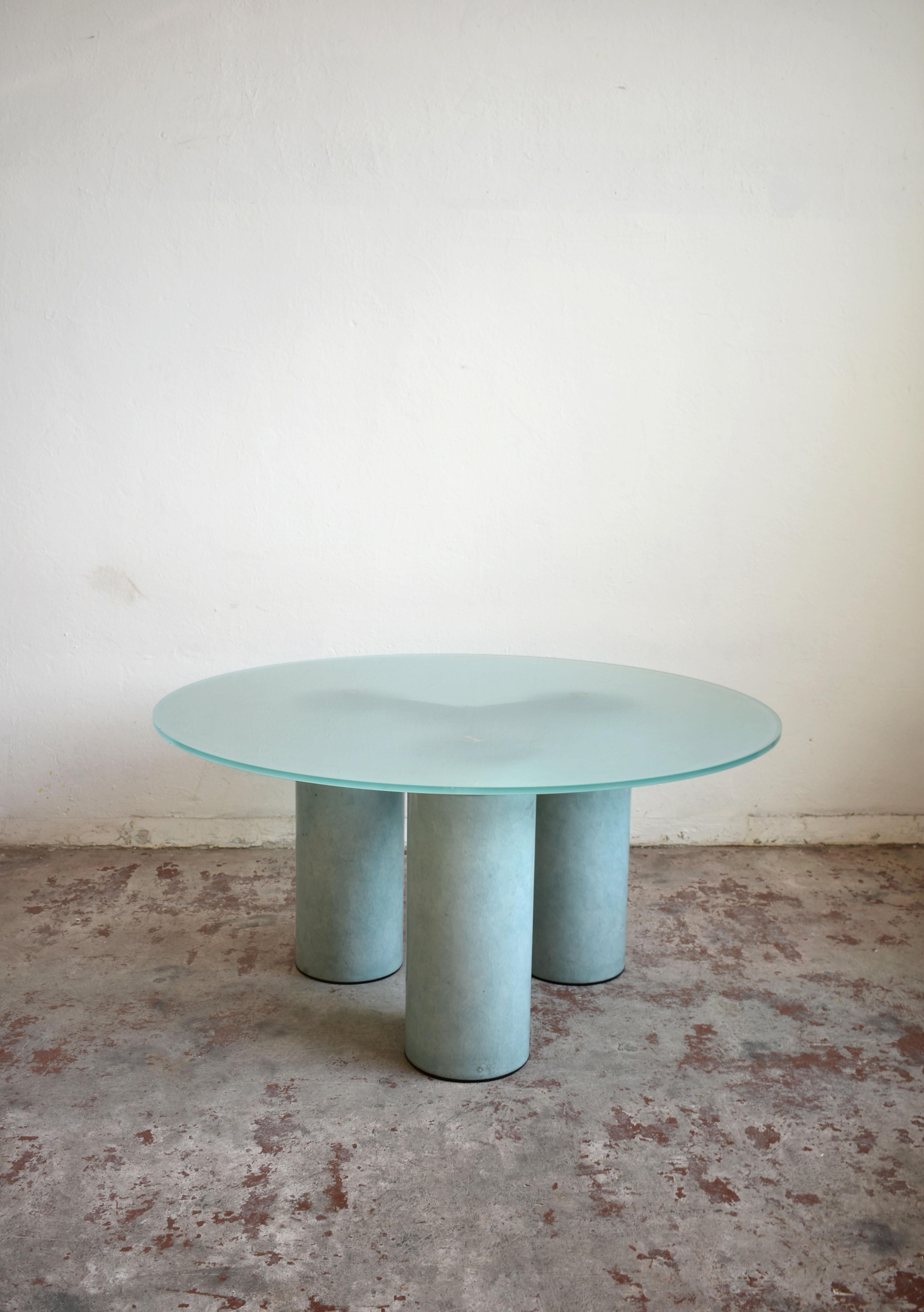 Italian glass top dining table in beautiful light turquoise colour. Designed by David Law, Lella and Massimo Vignelli, for Italian company Acerbis International, in mid 1980s.


