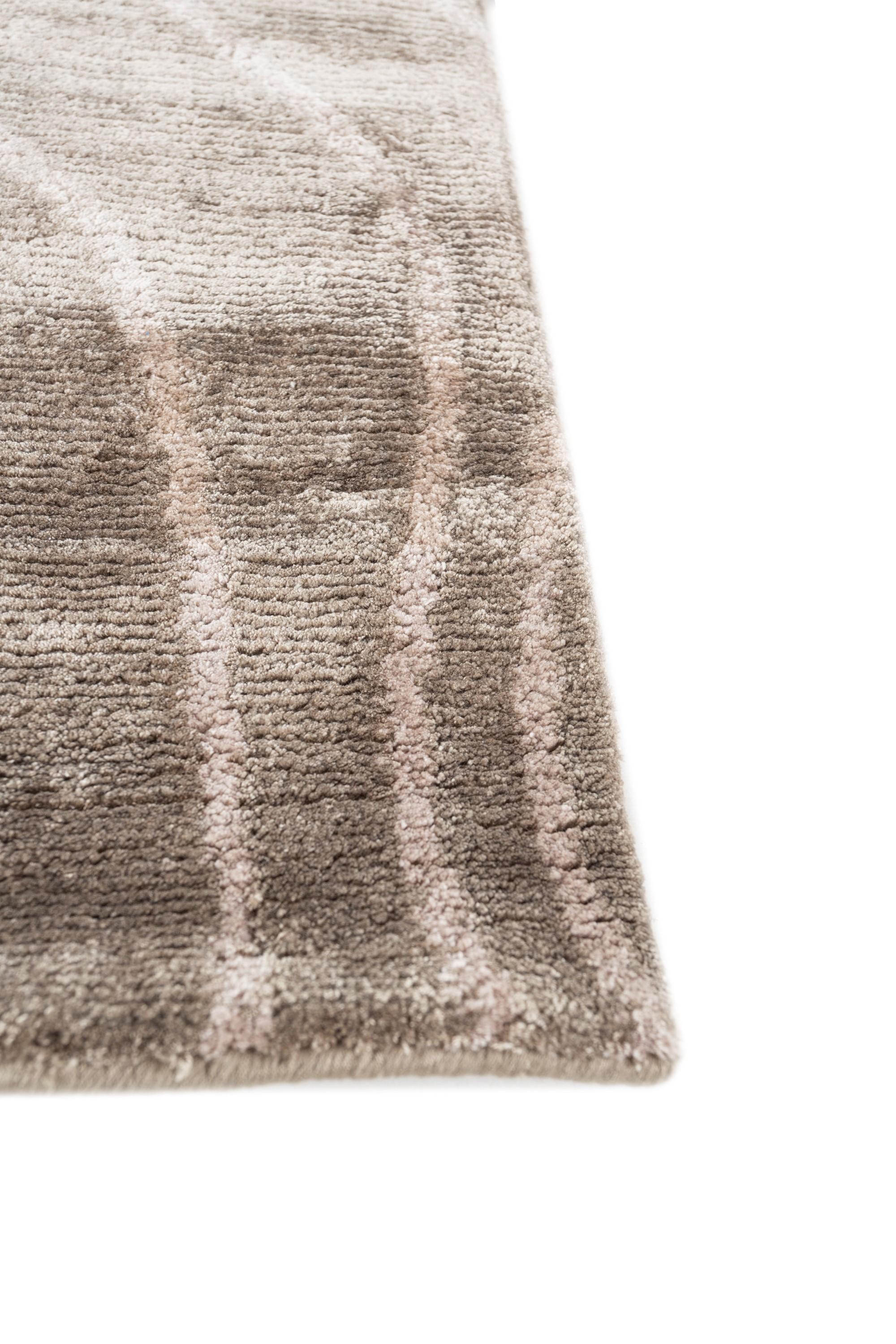 Avez-vous vu ce tapis noué à la main, méticuleusement fabriqué dans les régions rurales de l'Inde ? Avec une palette ton sur ton, une couleur de fond champignon et une bordure taupe foncé, ce tapis moderne rehausse sans effort l'ambiance de