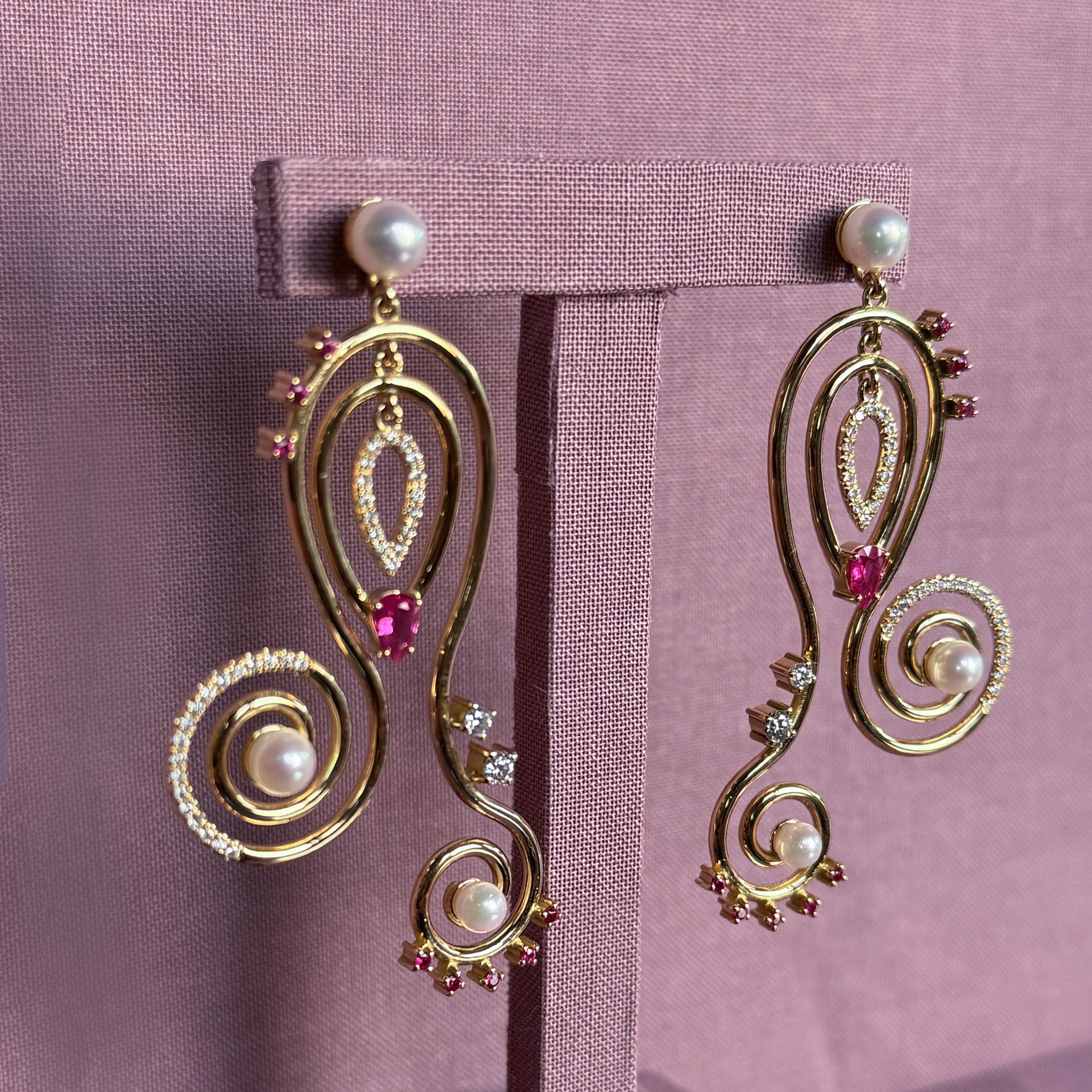 Contemporary Serenity Earrings in 18 Karat Yellow Gold with Diamonds, Rubies And Pearls For Sale