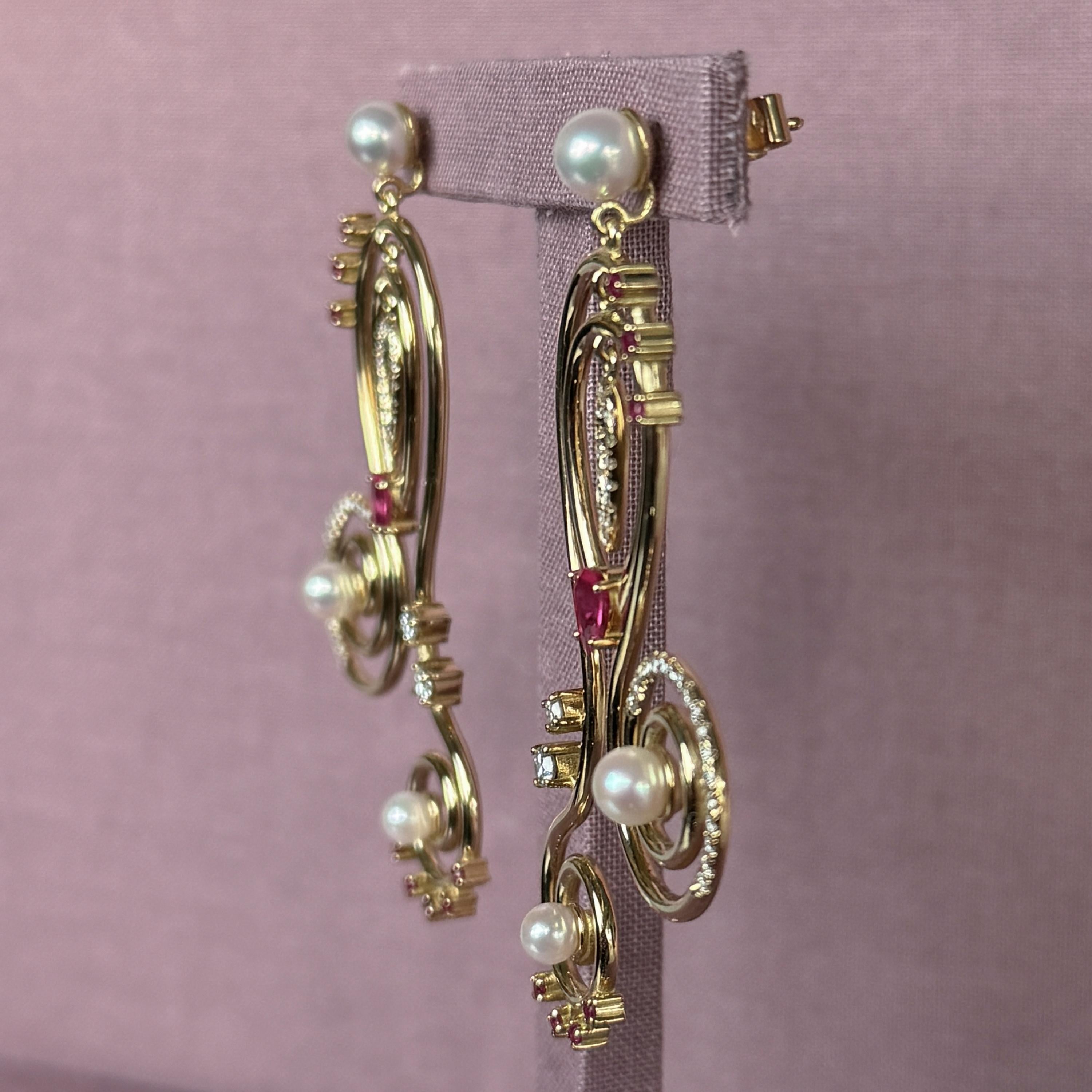 Pear Cut Serenity Earrings in 18 Karat Yellow Gold with Diamonds, Rubies And Pearls For Sale