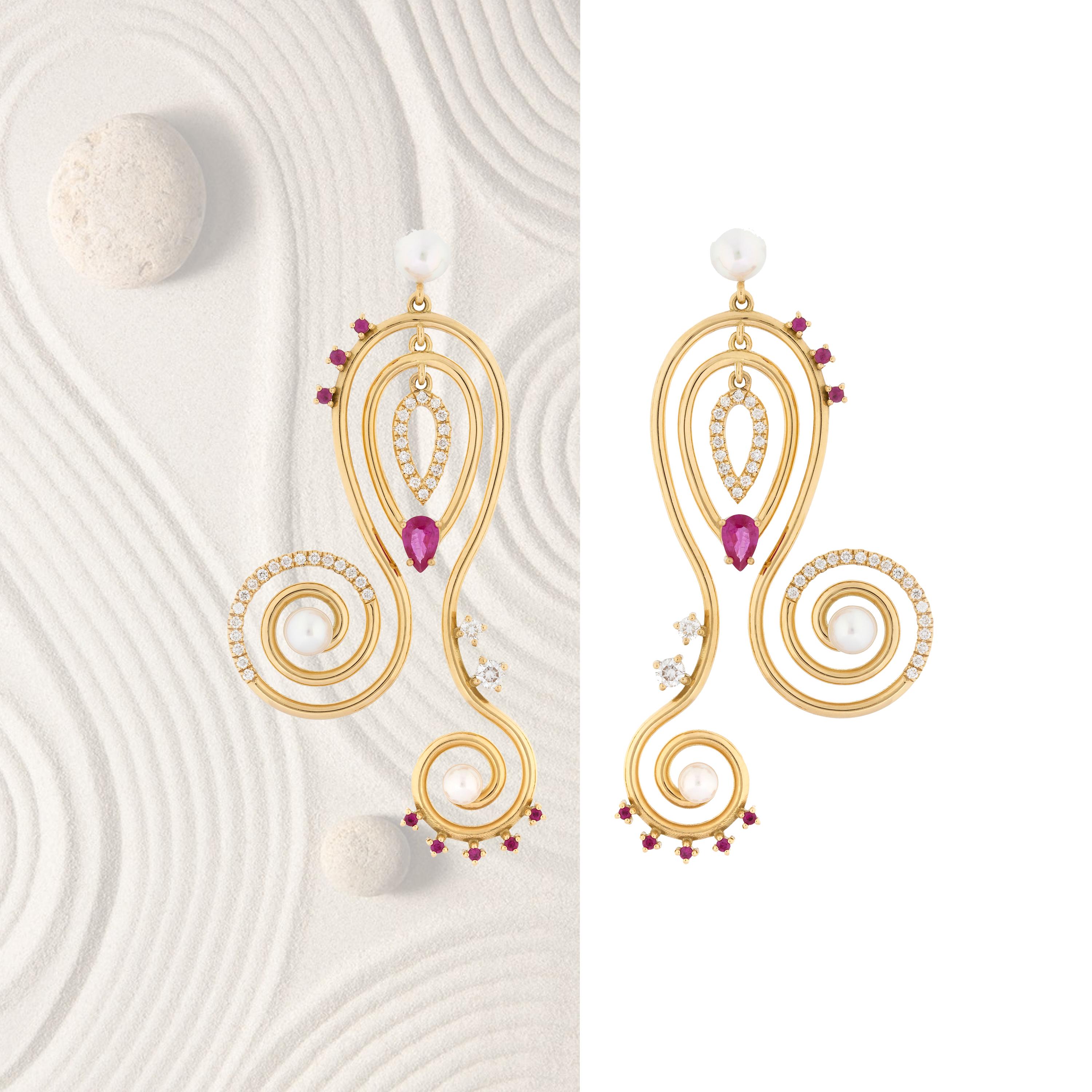 Serenity Earrings in 18 Karat Yellow Gold with Diamonds, Rubies And Pearls In New Condition In Athens, Ekali