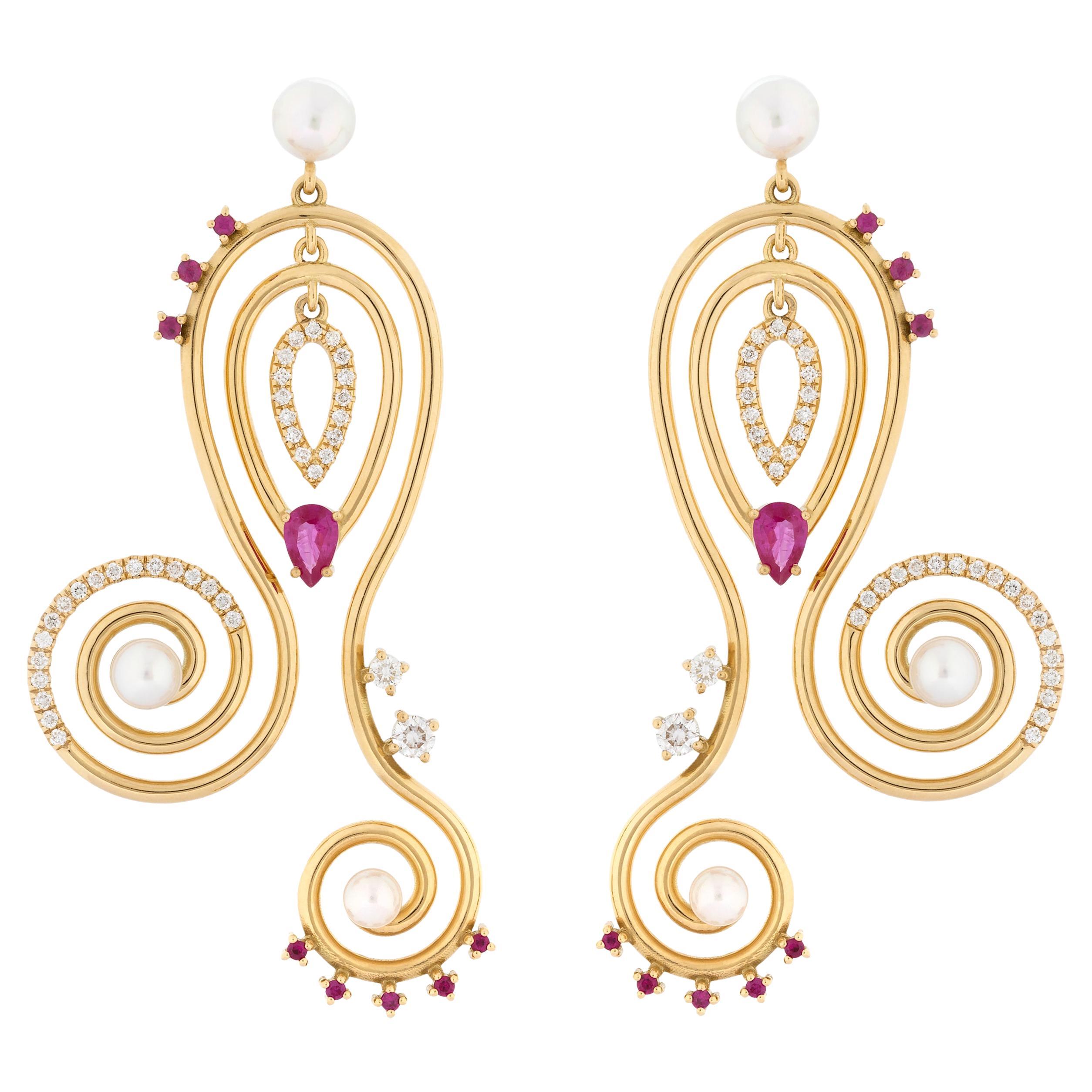 Serenity Earrings in 18 Karat Yellow Gold with Diamonds, Rubies And Pearls