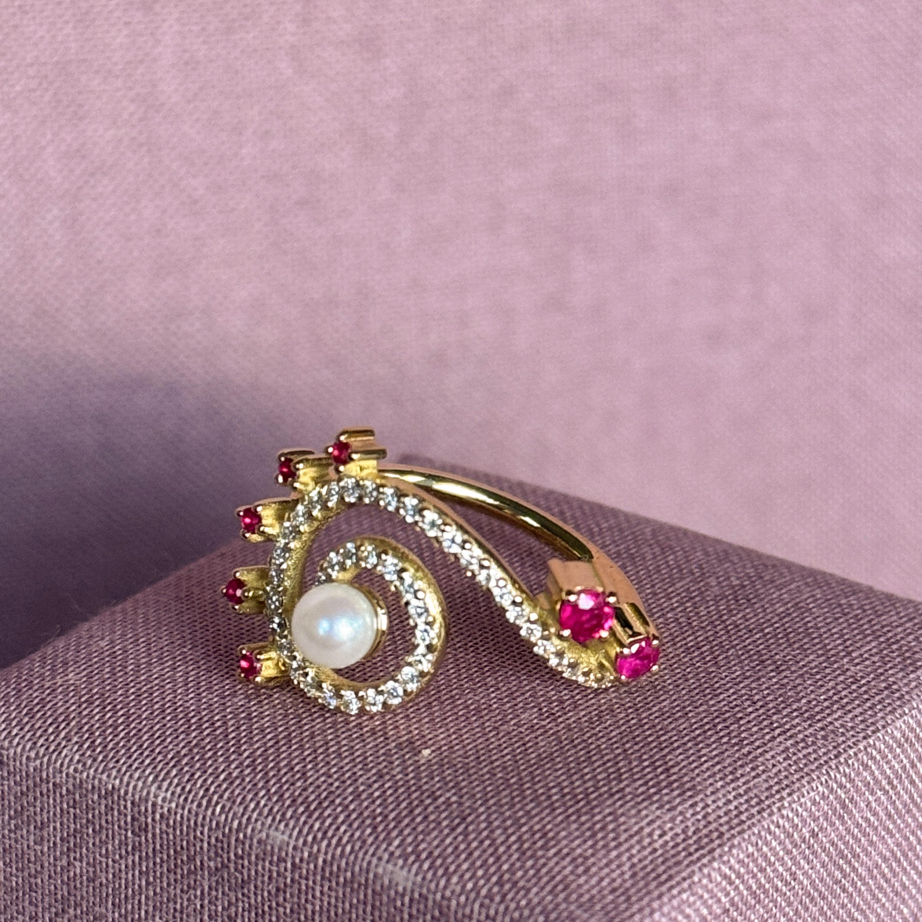 Pear Cut Serenity Index Finger Ring in 18 Karat Gold with Diamonds, Rubies And A Pearl