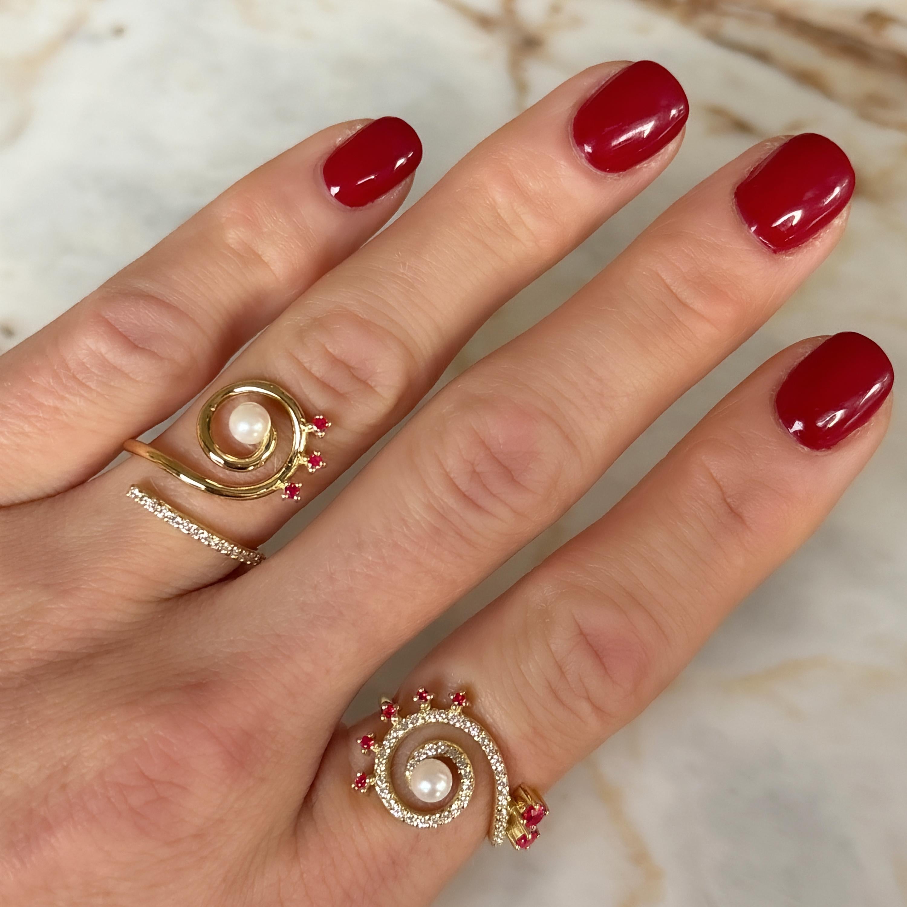 Serenity Index Finger Ring in 18 Karat Gold with Diamonds, Rubies And A Pearl In New Condition In Athens, Ekali