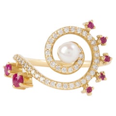 Serenity Index Finger Ring in 18 Karat Gold with Diamonds, Rubies And A Pearl