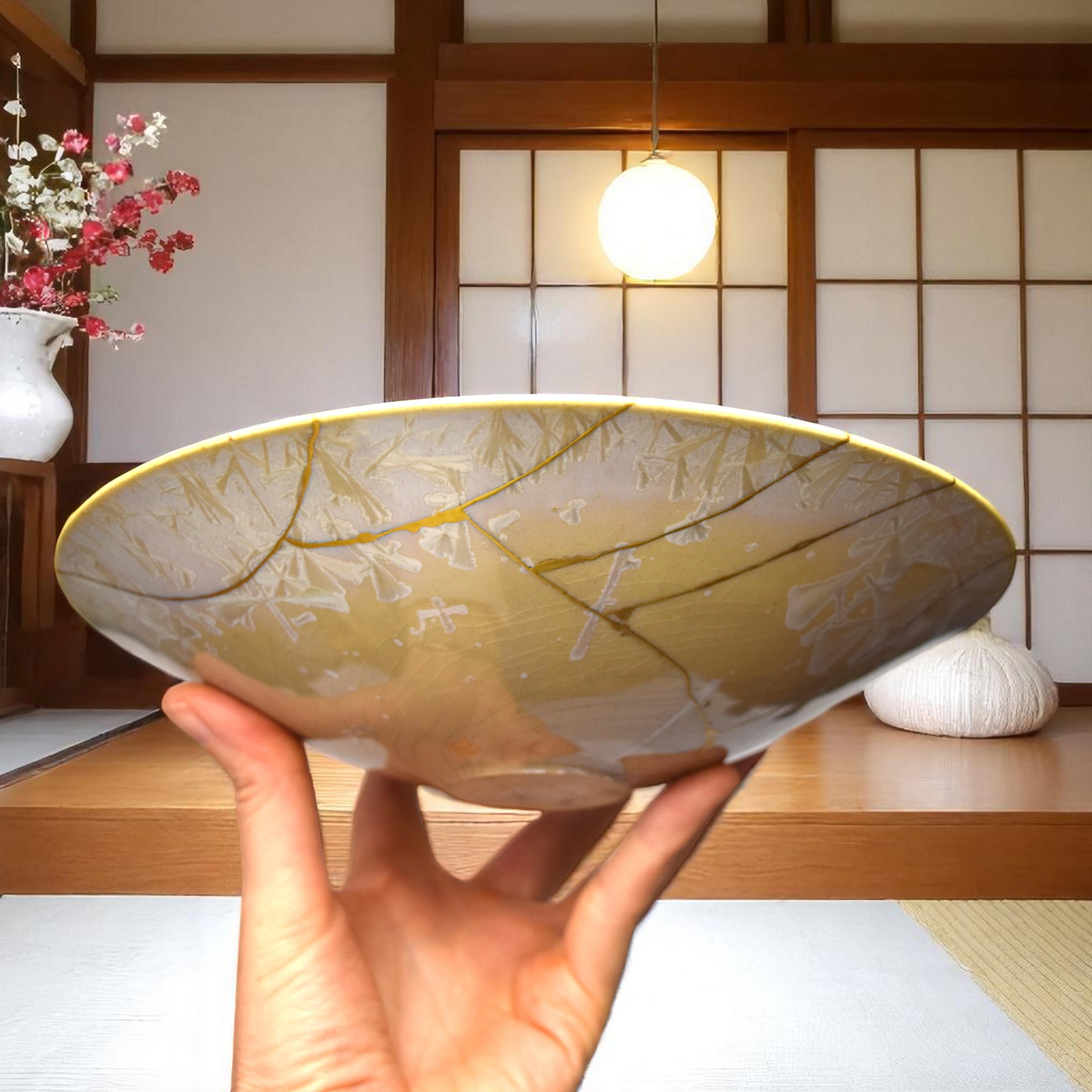 Gelassenheit wiederhergestellt: Kintsugi Celadon White Schale (Porzellan) im Angebot